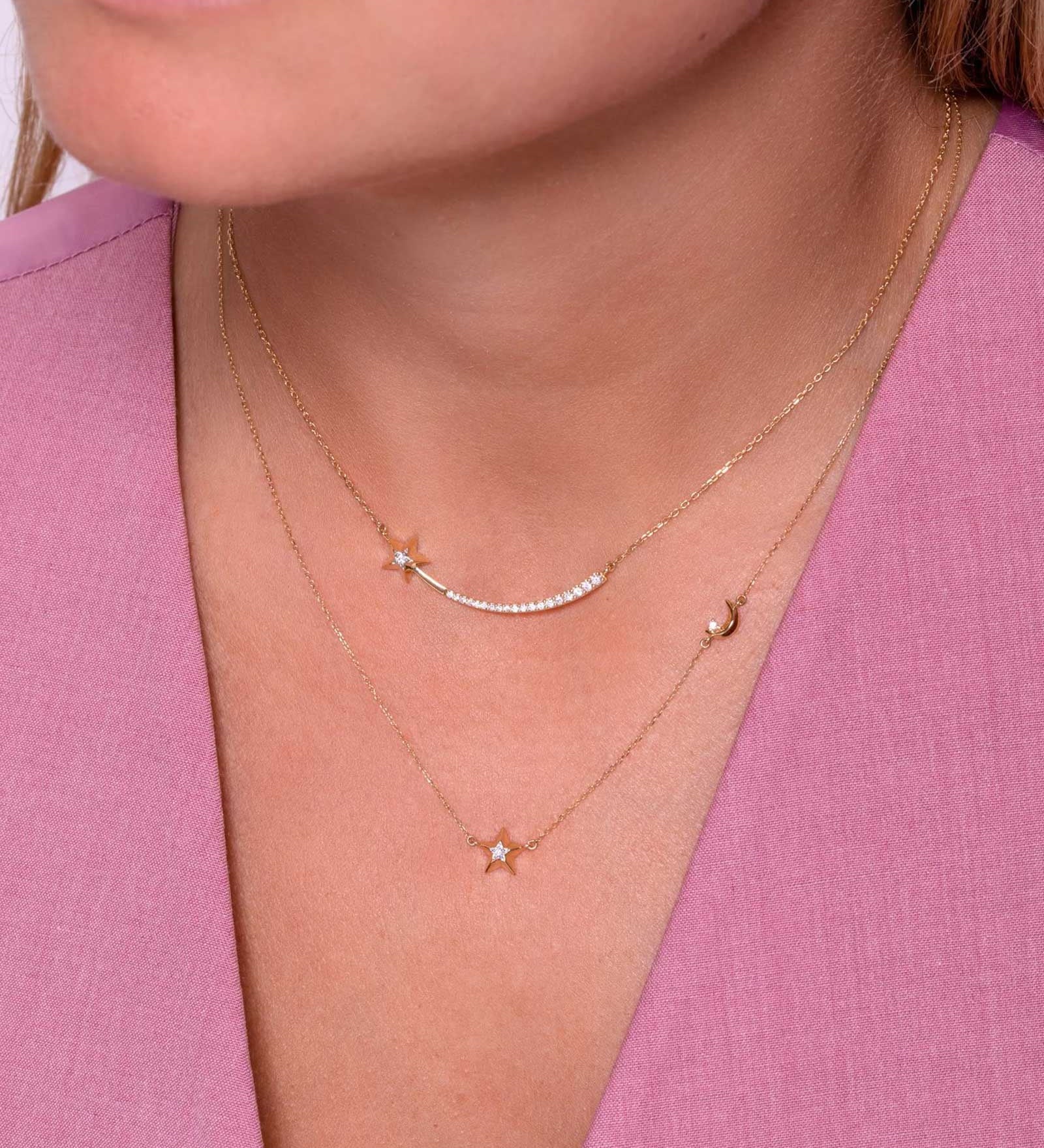 Adina Reyter-3D Moon and Star Diamond Necklace-Necklaces-14k Yellow Gold-Blue Ruby Jewellery-Vancouver Canada