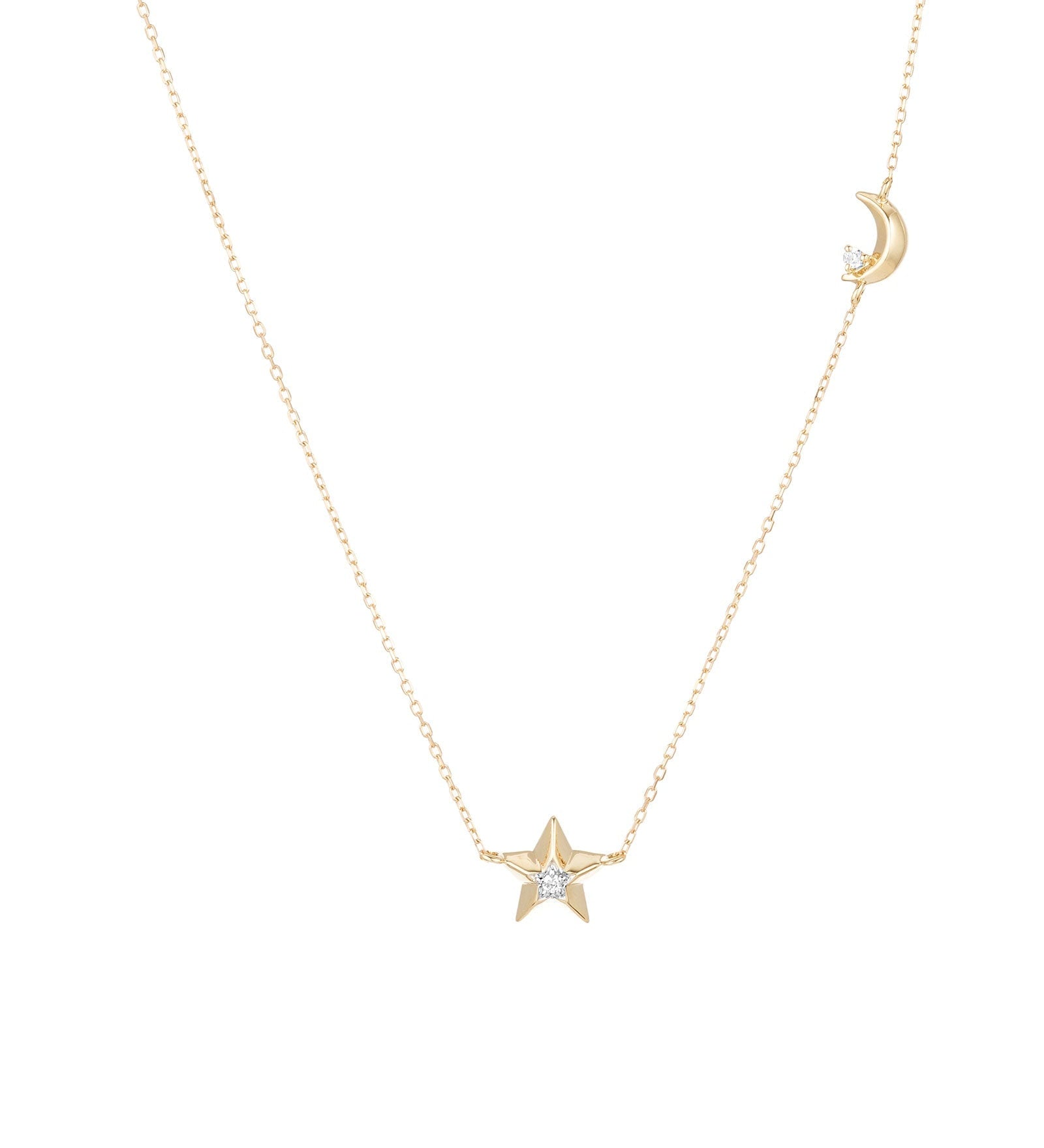 Adina Reyter-3D Moon and Star Diamond Necklace-Necklaces-14k Yellow Gold-Blue Ruby Jewellery-Vancouver Canada