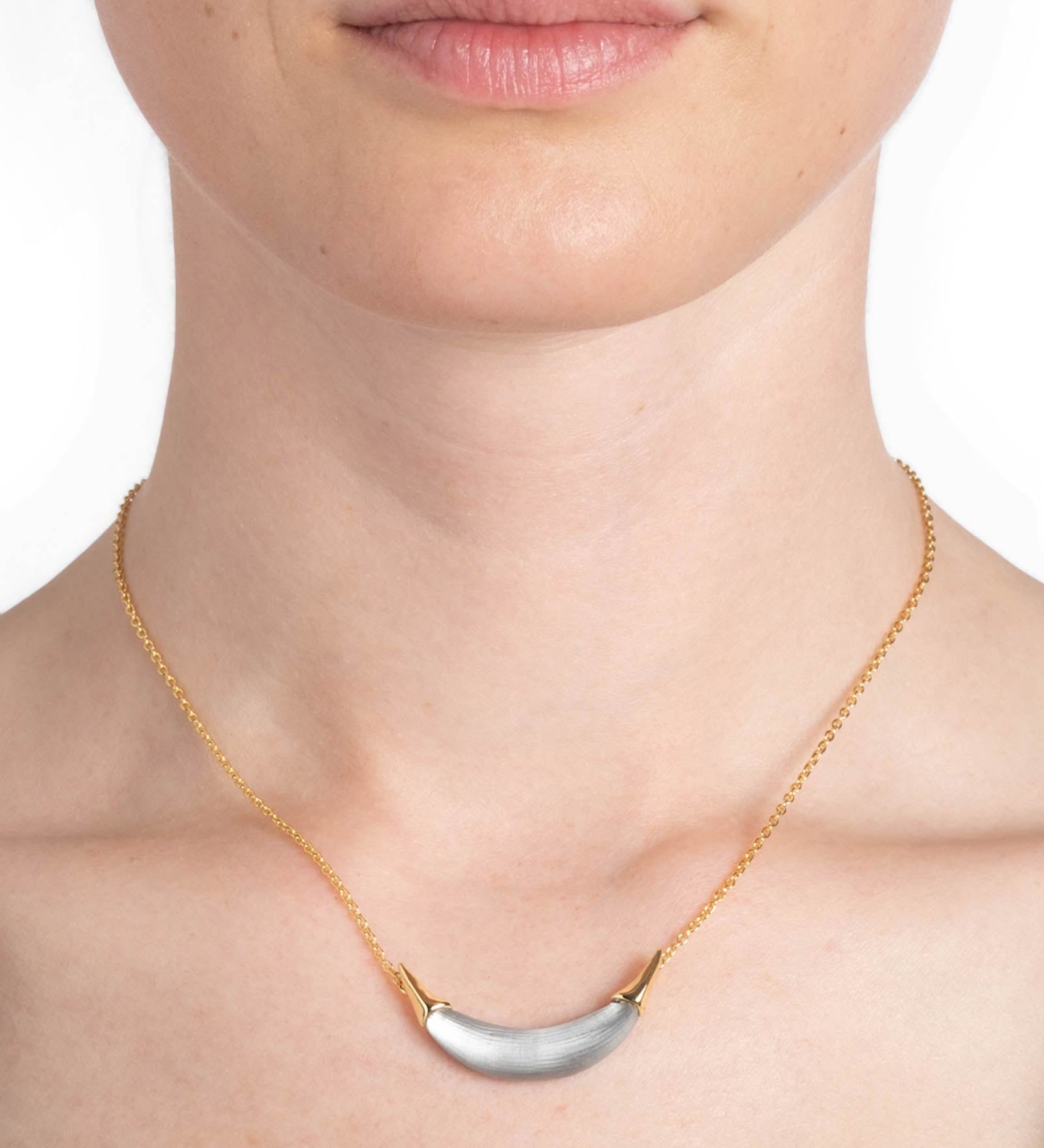 Gold Capped Crescent Lucite Necklace 14k Gold Plated, Pewter Lucite