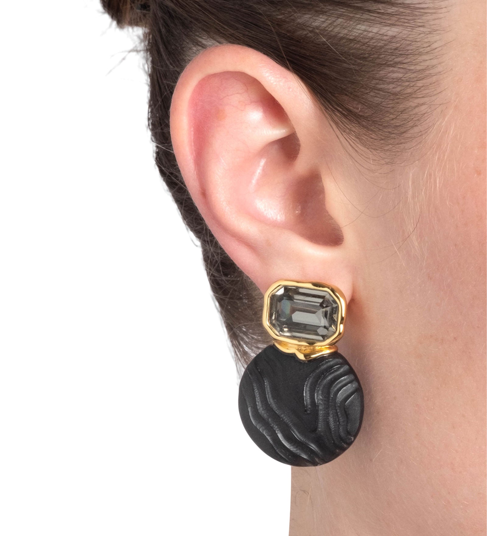 Madera Lucite Disc 
Post Earrings 14k Gold Plated, Black Lucite