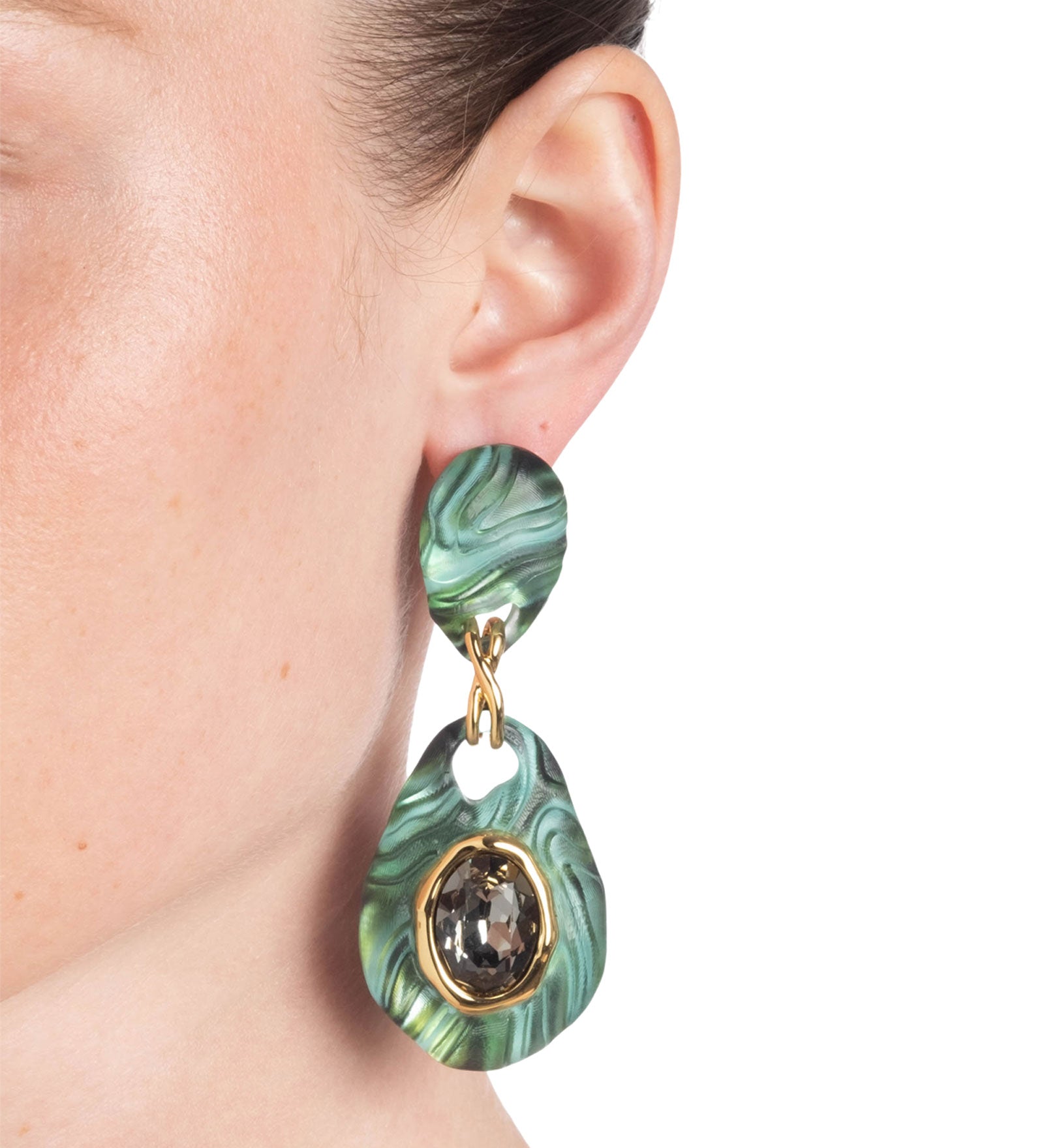 Madera Lucite Drop 
Earrings 14k Gold Plated, Malachite Lucite