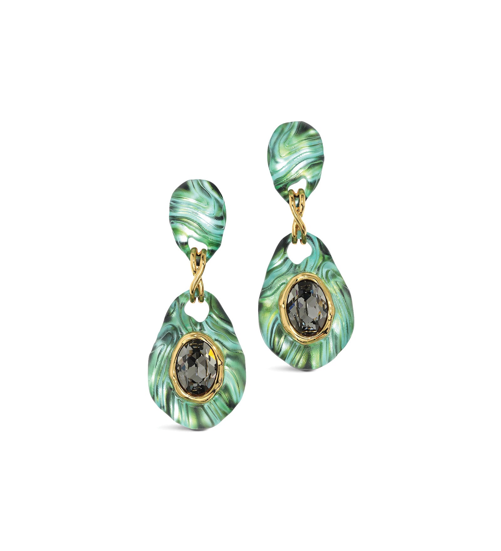 Madera Lucite Drop 
Earrings 14k Gold Plated, Malachite Lucite