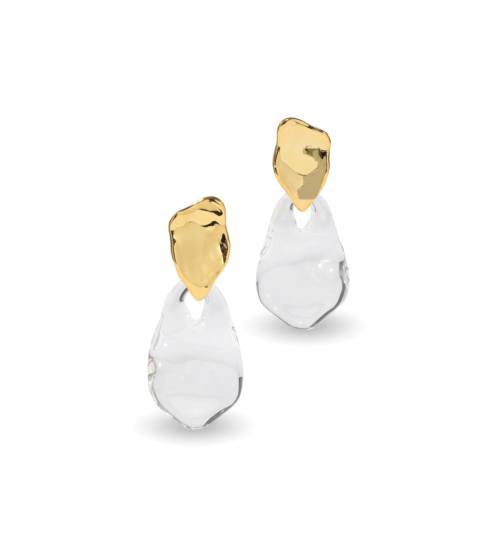 Liquid Lucite Wafer Earrings 14k Gold Plated Brass, Clear Lucite