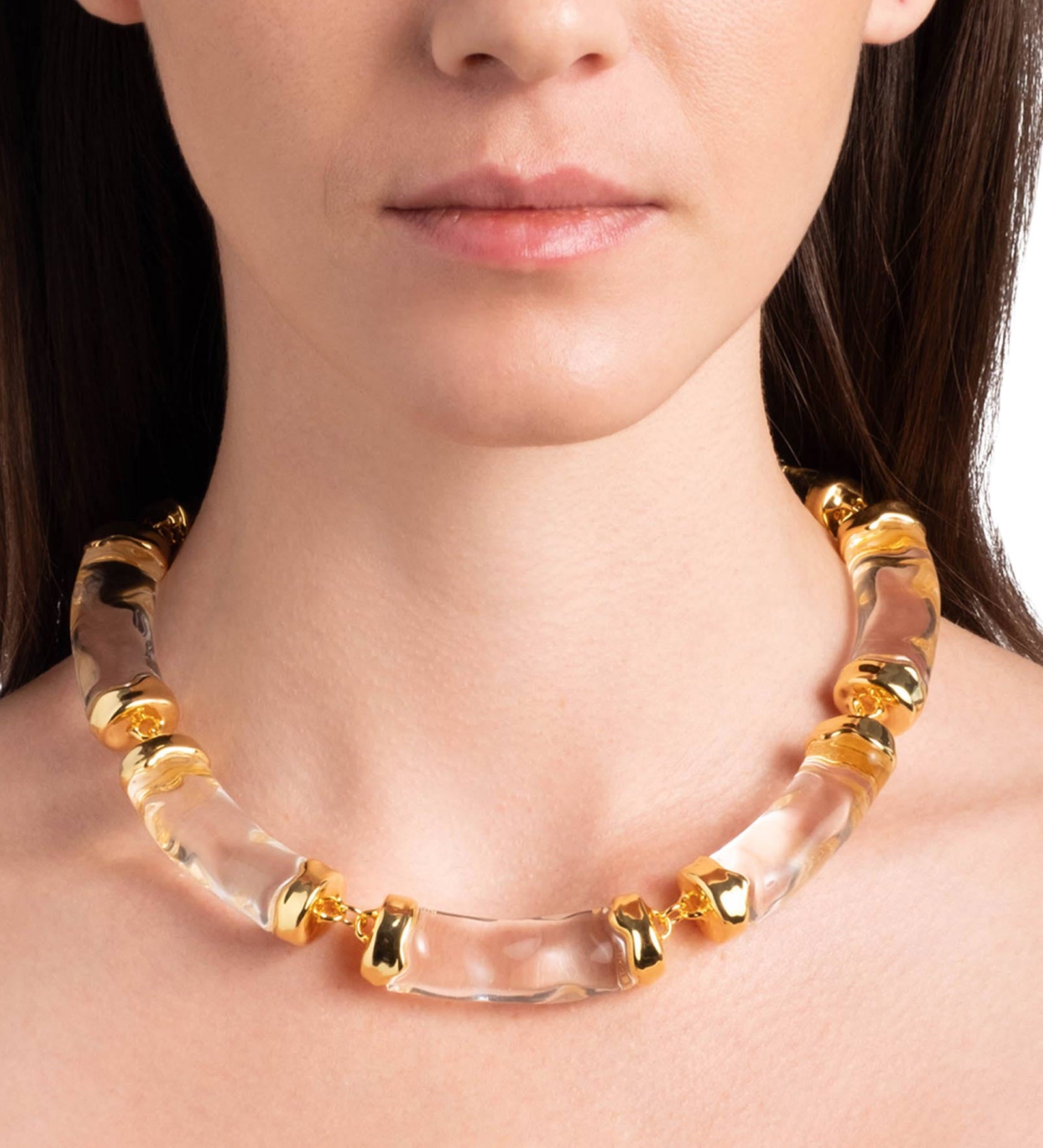 Liquid Lucite
Pillow Link Necklace 14k Gold Plated Brass, Clear Lucite