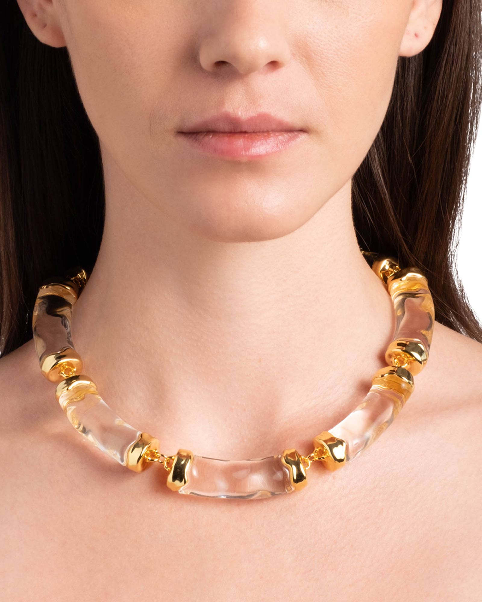 Liquid Lucite
Pillow Link Necklace 14k Gold Plated Brass, Clear Lucite