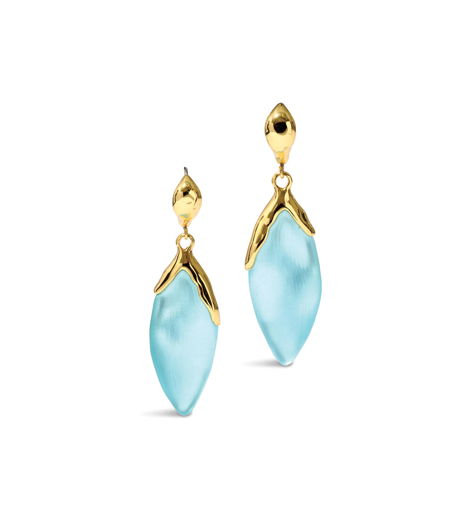 Luminous Lucite Petal
Leverback Earrings 14k Gold Plated Brass, Icy Blue Lucite