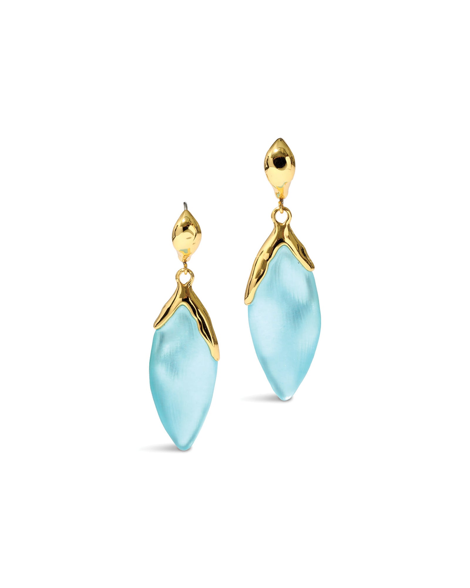 Luminous Lucite Petal
Leverback Earrings 14k Gold Plated Brass, Icy Blue Lucite