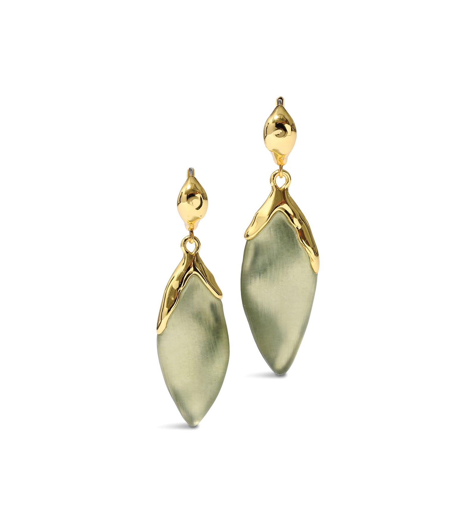 Luminous Lucite Petal
Leverback Earrings 14k Gold Plated Brass, Sage Lucite