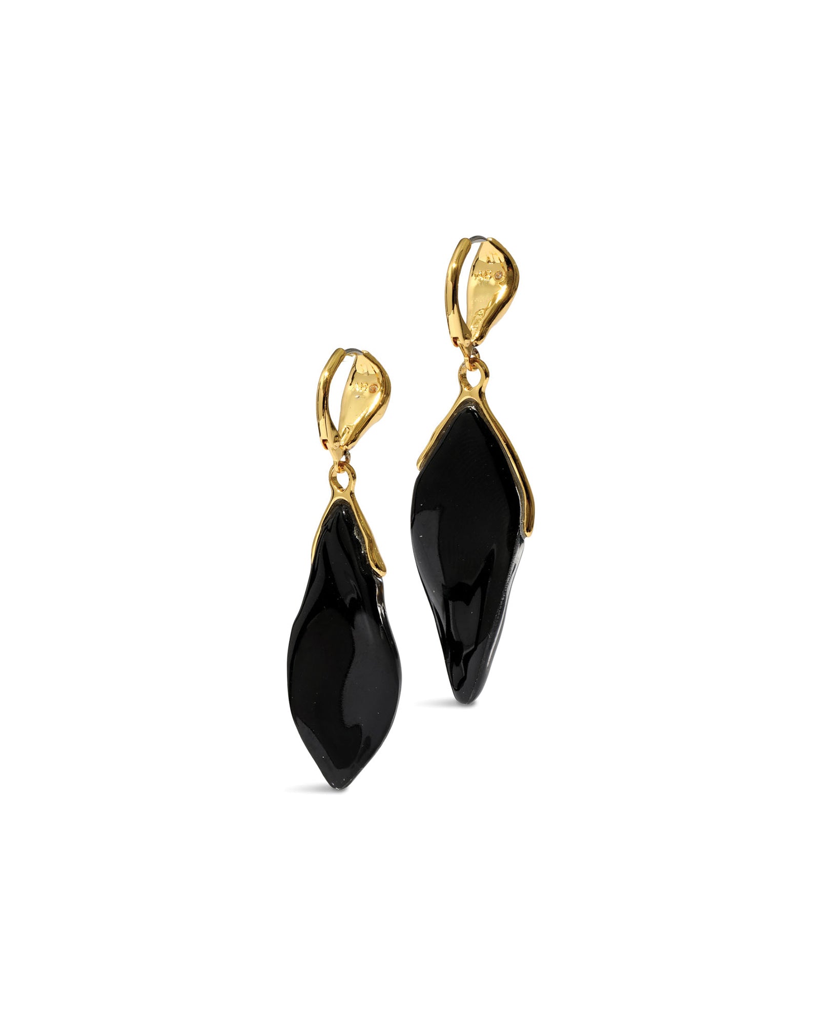 Luminous Lucite Petal
Leverback Earrings 14k Gold Plated Brass, Onyx Lucite