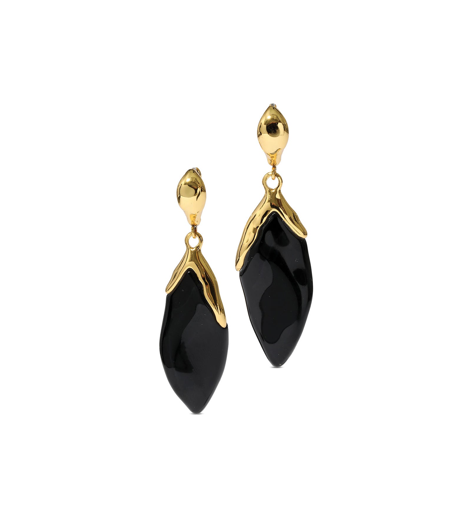 Luminous Lucite Petal
Leverback Earrings 14k Gold Plated Brass, Onyx Lucite