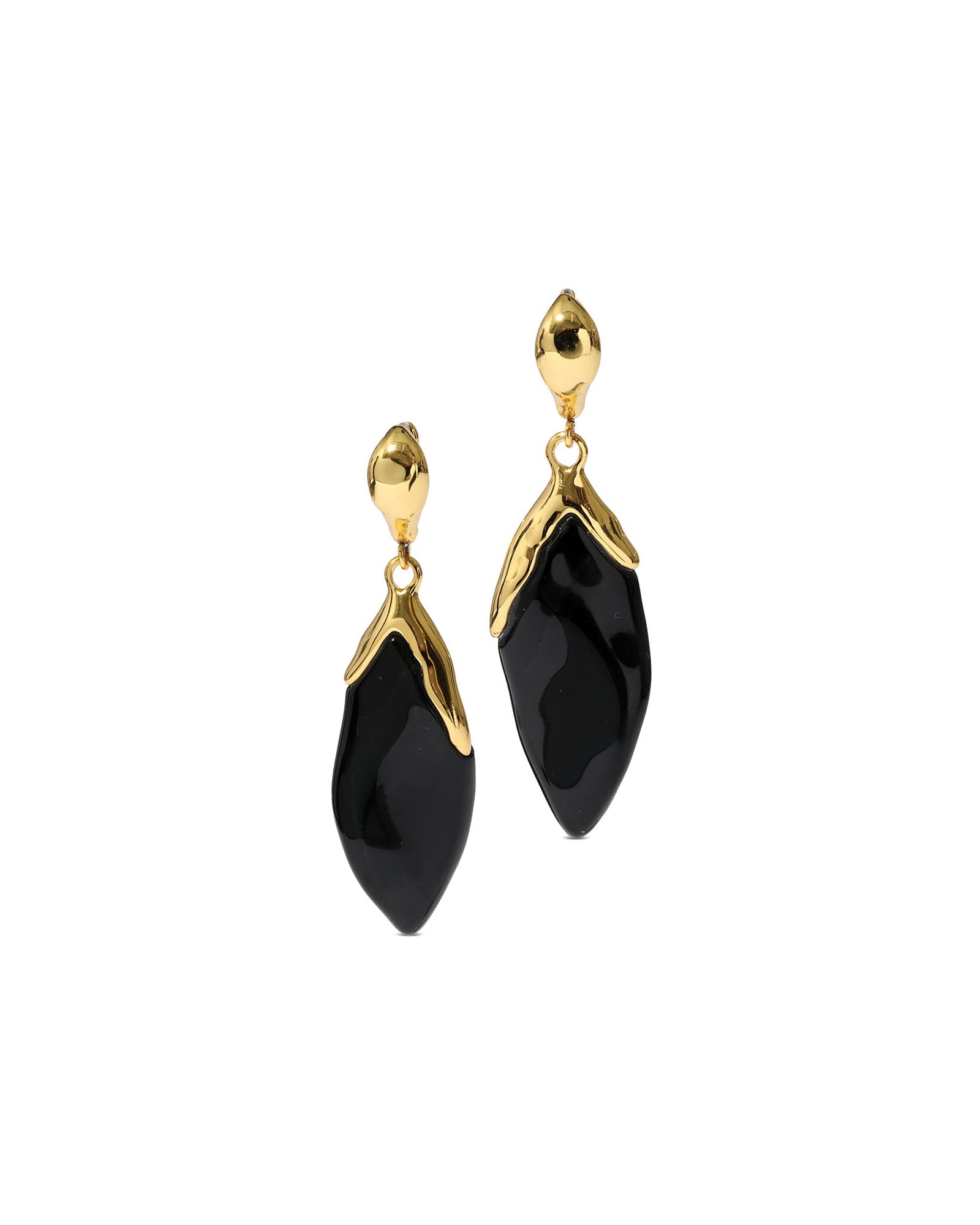 Luminous Lucite Petal
Leverback Earrings 14k Gold Plated Brass, Onyx Lucite