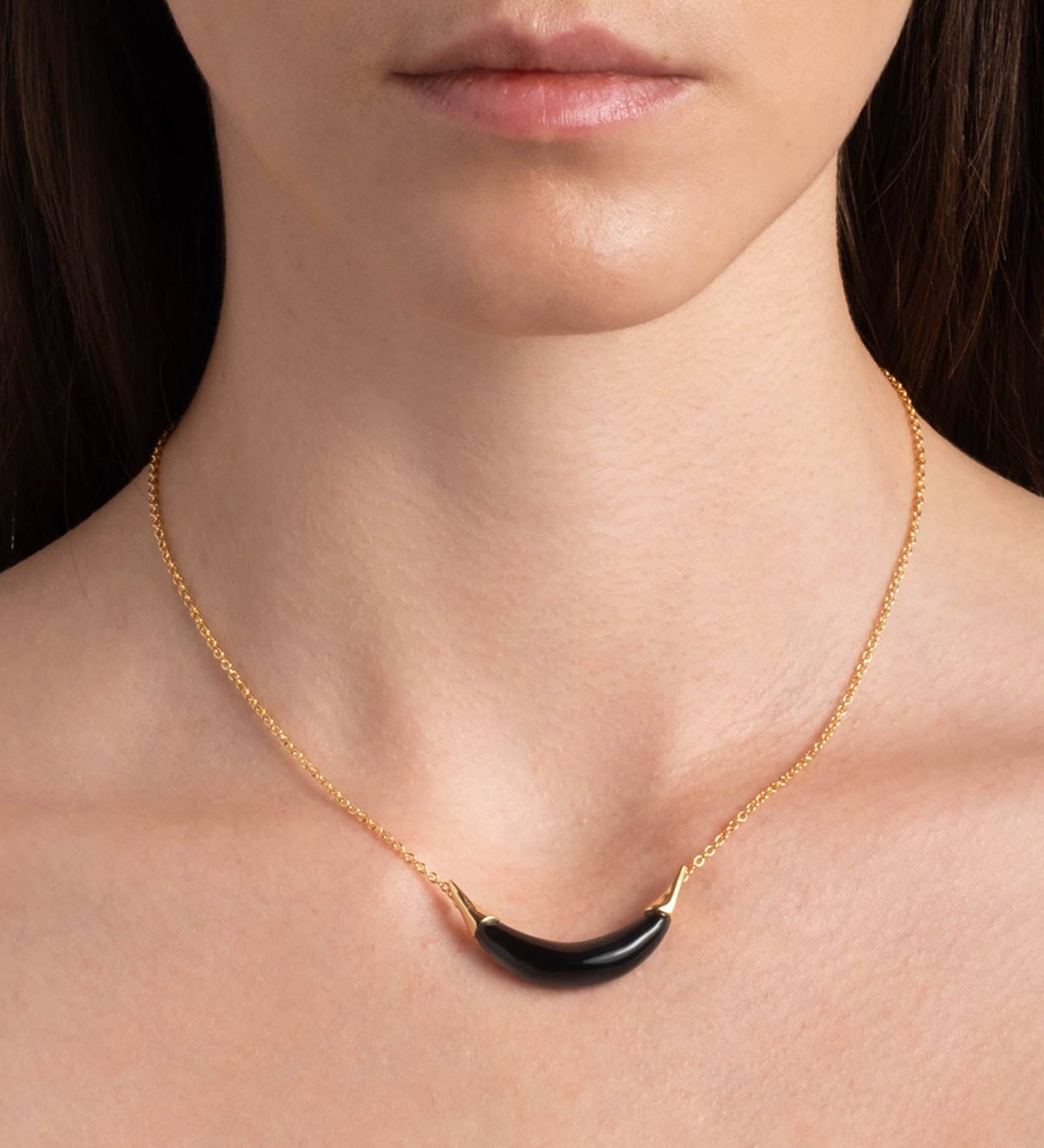 Gold Capped Crescent
Necklace 14k Gold Plated Brass, Onyx Lucite