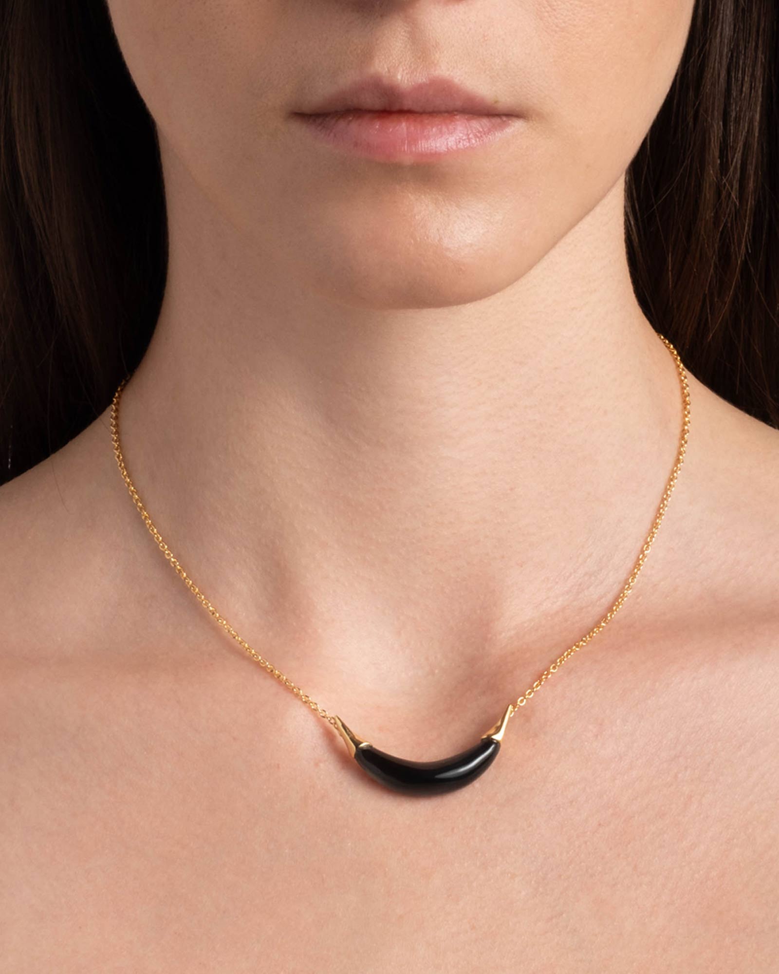 Gold Capped Crescent
Necklace 14k Gold Plated Brass, Onyx Lucite