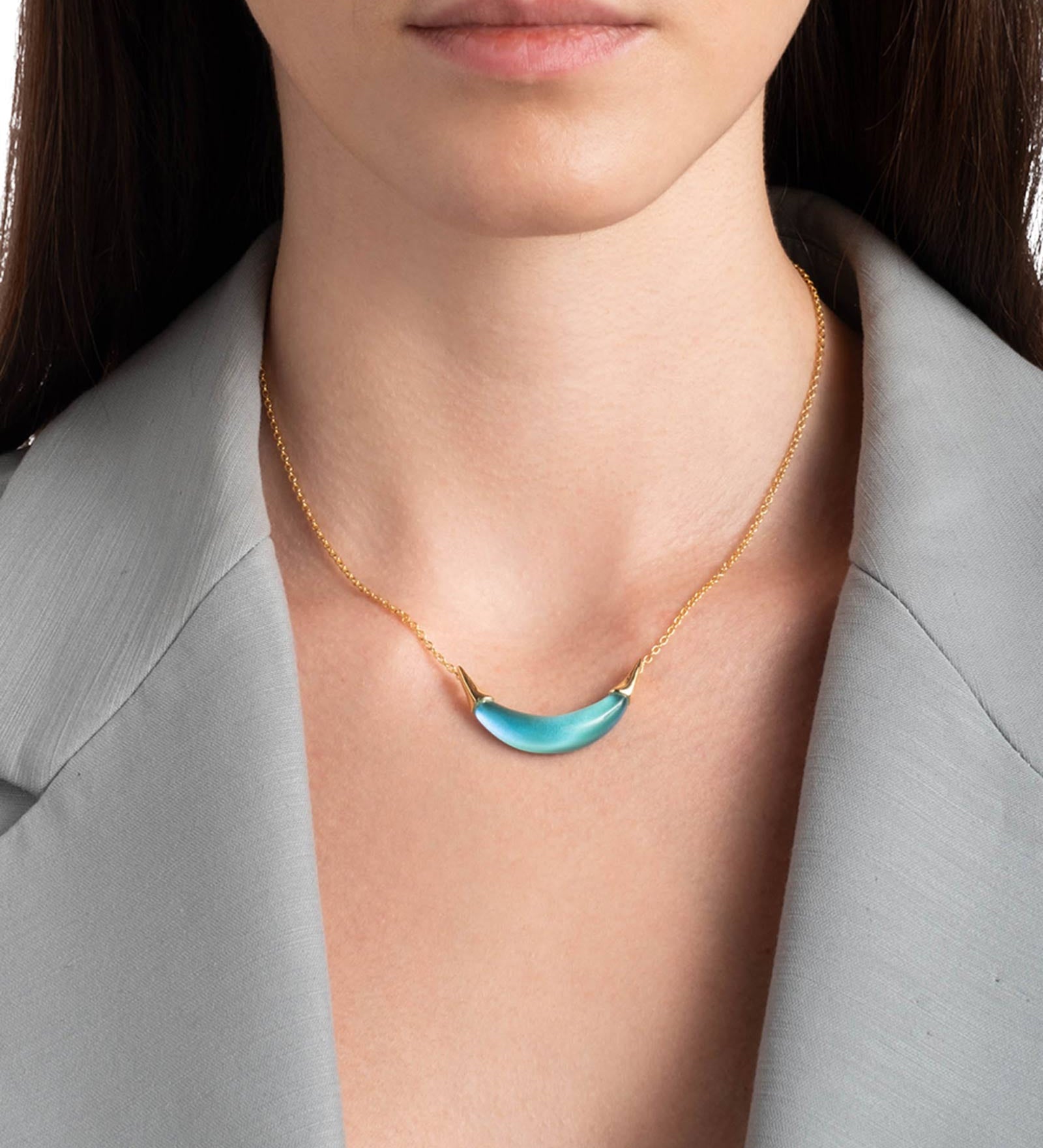 Gold Capped Crescent
Necklace 14k Gold Plated Brass, Mediterranean Opal Lucite