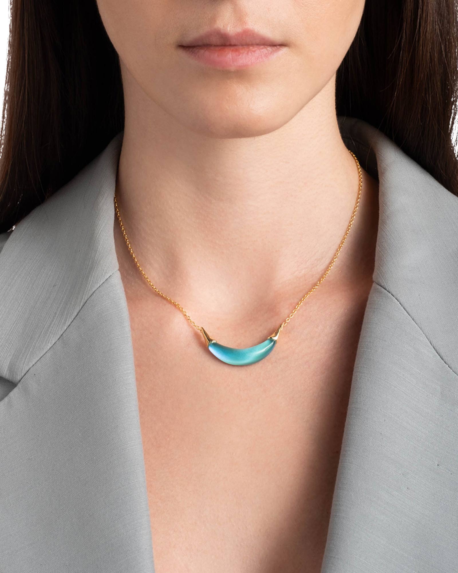 Gold Capped Crescent
Necklace 14k Gold Plated Brass, Mediterranean Opal Lucite