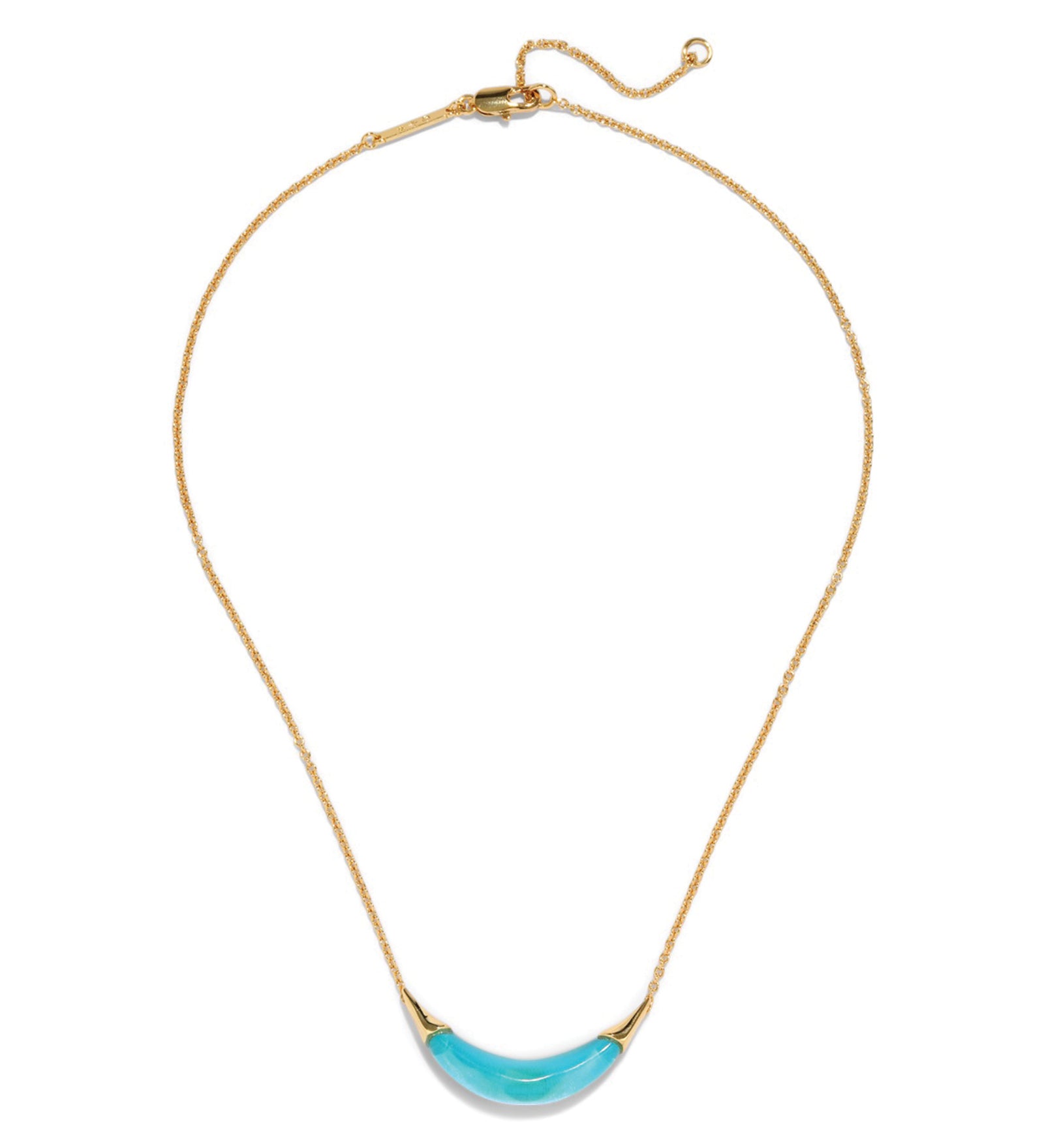 Gold Capped Crescent
Necklace 14k Gold Plated Brass, Mediterranean Opal Lucite