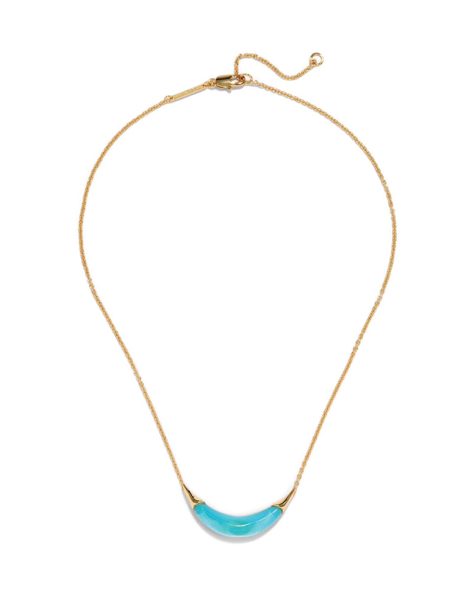 Gold Capped Crescent
Necklace 14k Gold Plated Brass, Mediterranean Opal Lucite