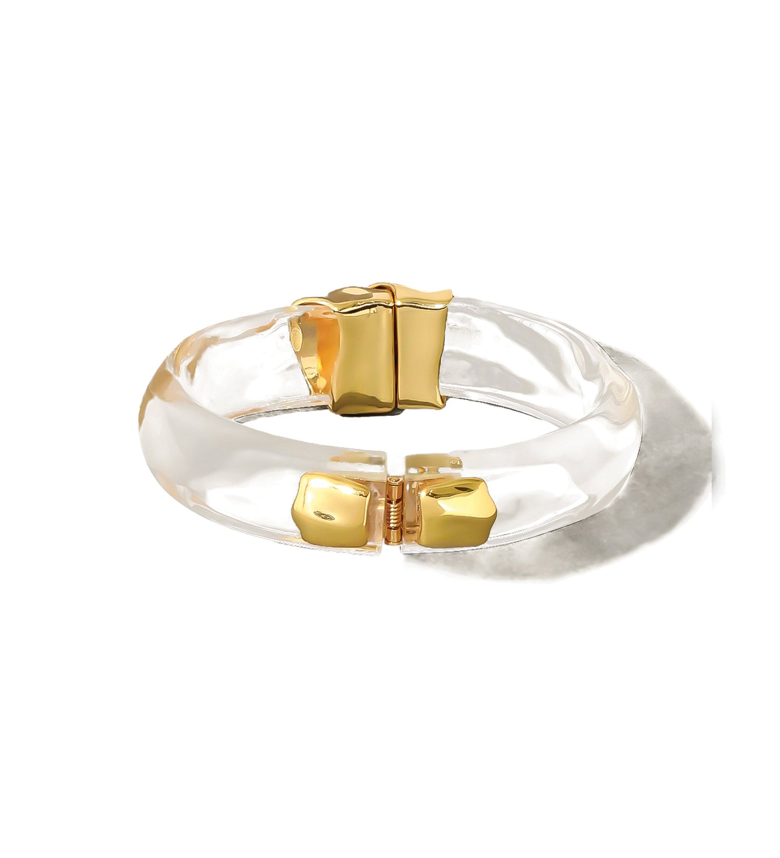 Molten Gold Lucite Hinge Bracelet 14k Gold Plated, Clear Lucite