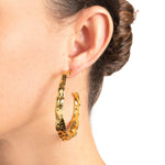 Brut Textured Gold Hoop 
Earrings 14k Gold Plated, White Pearl