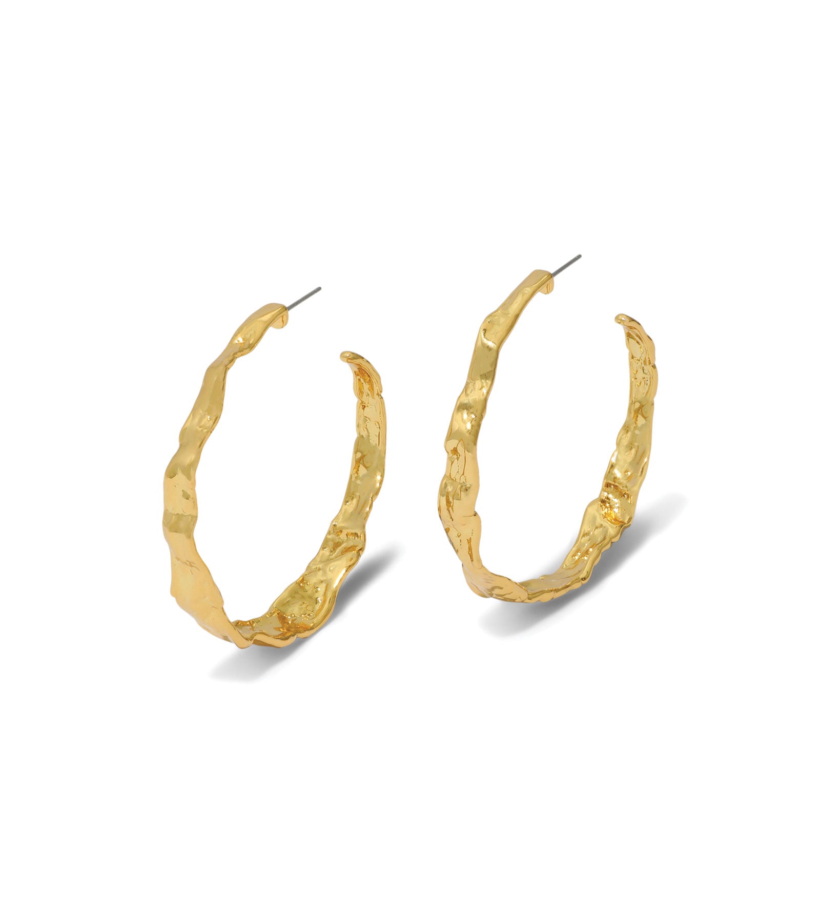 Brut Textured Gold Hoop 
Earrings 14k Gold Plated, White Pearl