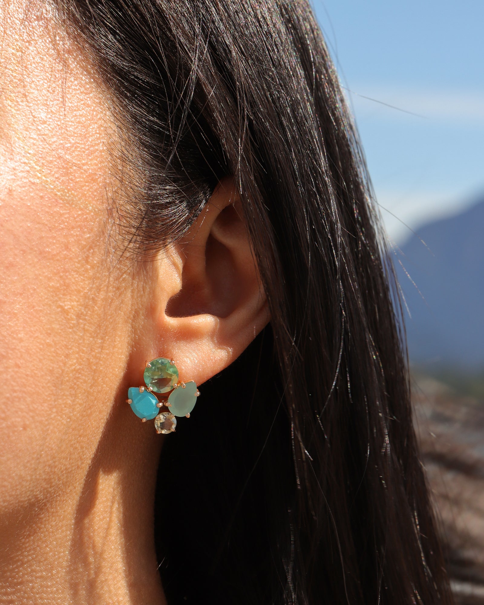 Atelier Mon-Aviva Aqua Cluster Studs-Earrings-14k Gold Plated, Chalcedony-Blue Ruby Jewellery-Vancouver Canada