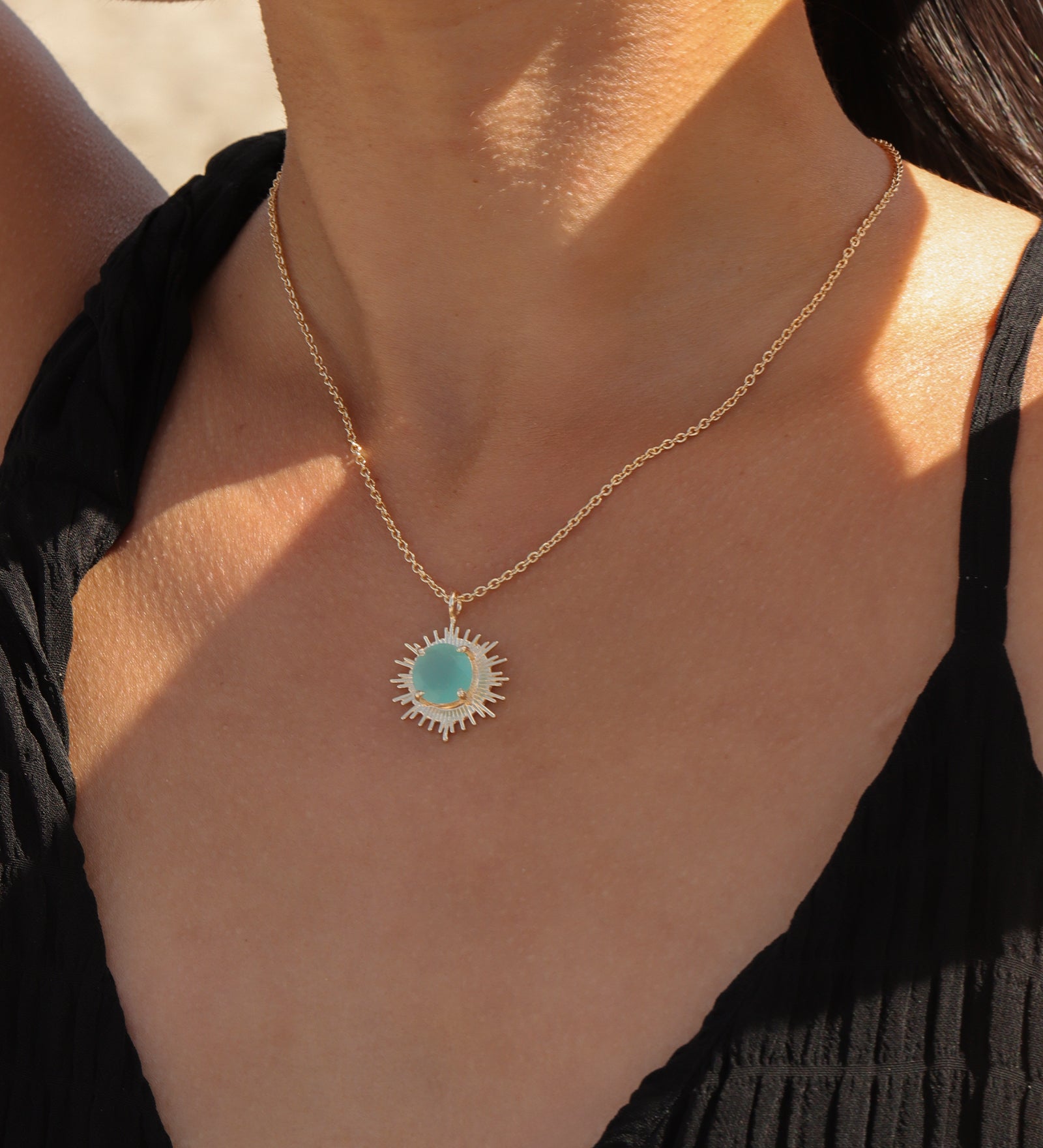 Atelier Mon-Aviva Starburst Pendant Necklace-Necklaces-14k Gold Plated, Aqua Chalcedony-Blue Ruby Jewellery-Vancouver Canada