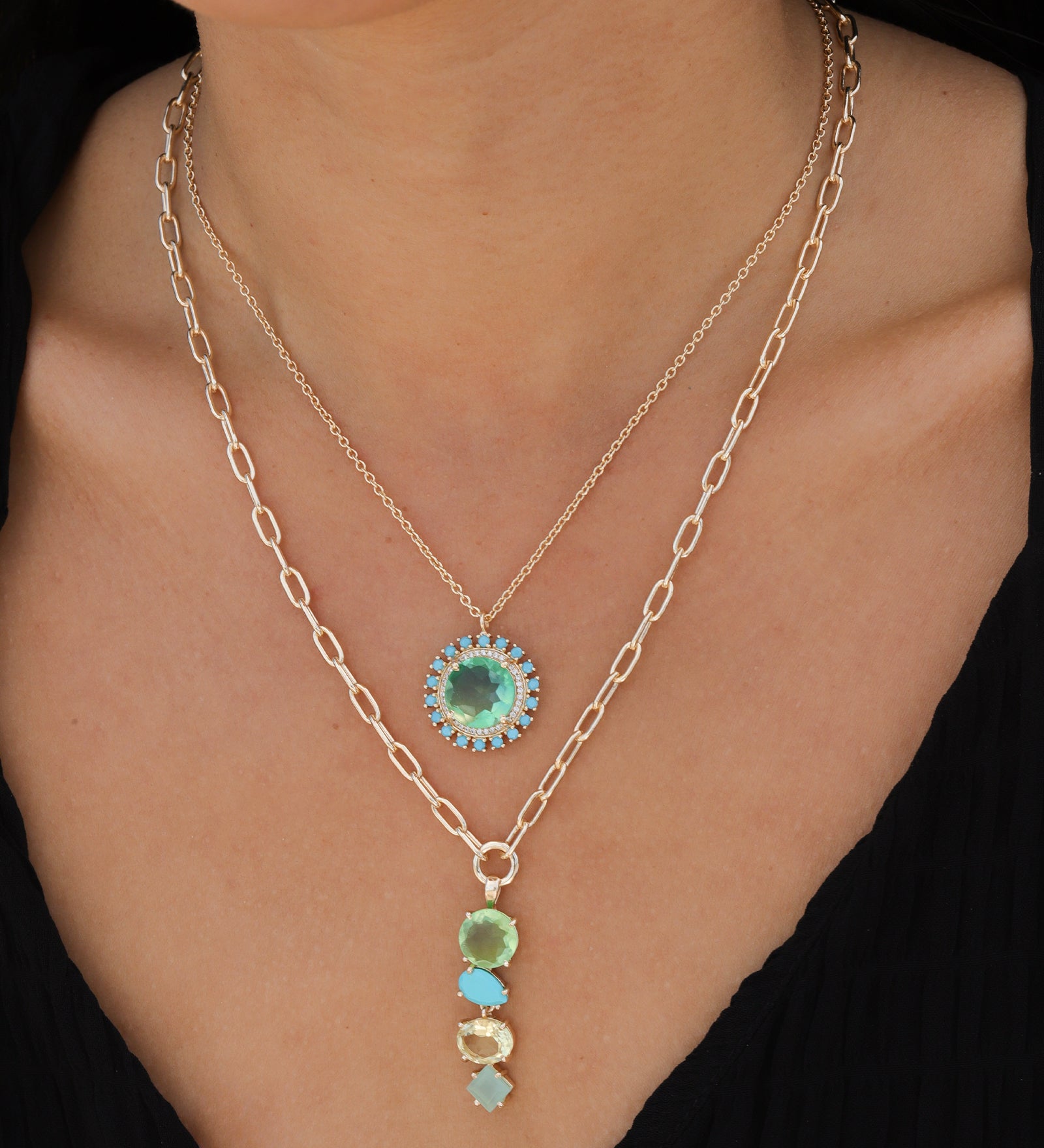 Atelier Mon-Pavé Halo Stone Necklace-Necklaces-14k Gold Plated, Natural Rock Crystal Aqua Doublet-Blue Ruby Jewellery-Vancouver Canada