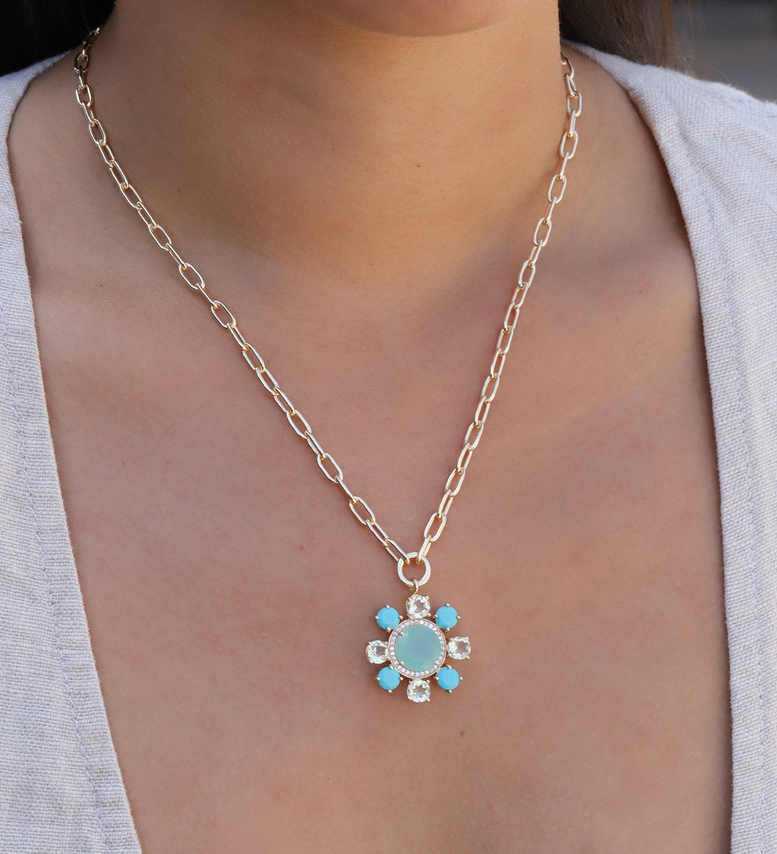 Atelier Mon-Stone Flower Necklace-Necklaces-14k Gold Plated, Chalcedony, Turquoise-Blue Ruby Jewellery-Vancouver Canada