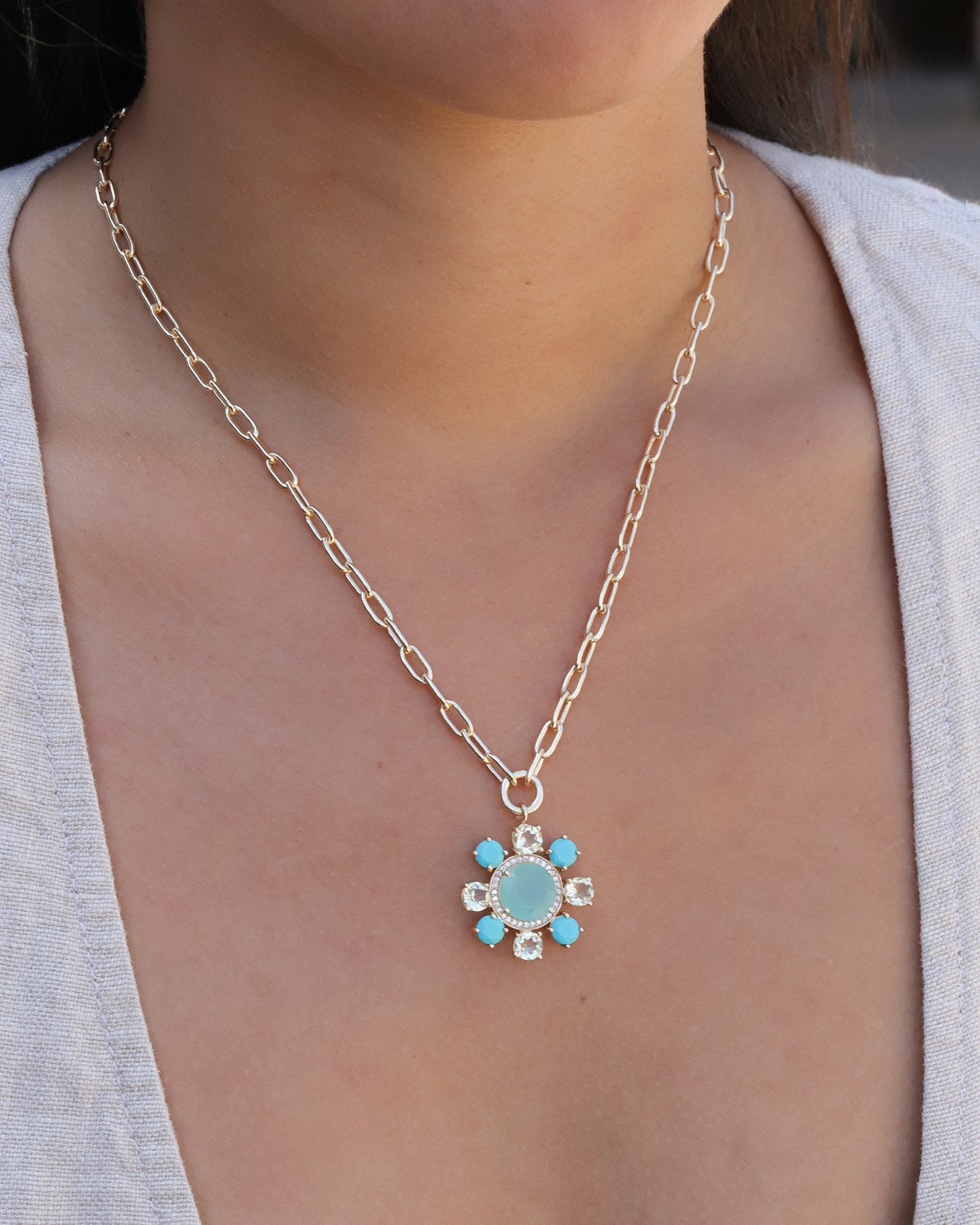 Atelier Mon-Stone Flower Necklace-Necklaces-14k Gold Plated, Chalcedony, Turquoise-Blue Ruby Jewellery-Vancouver Canada