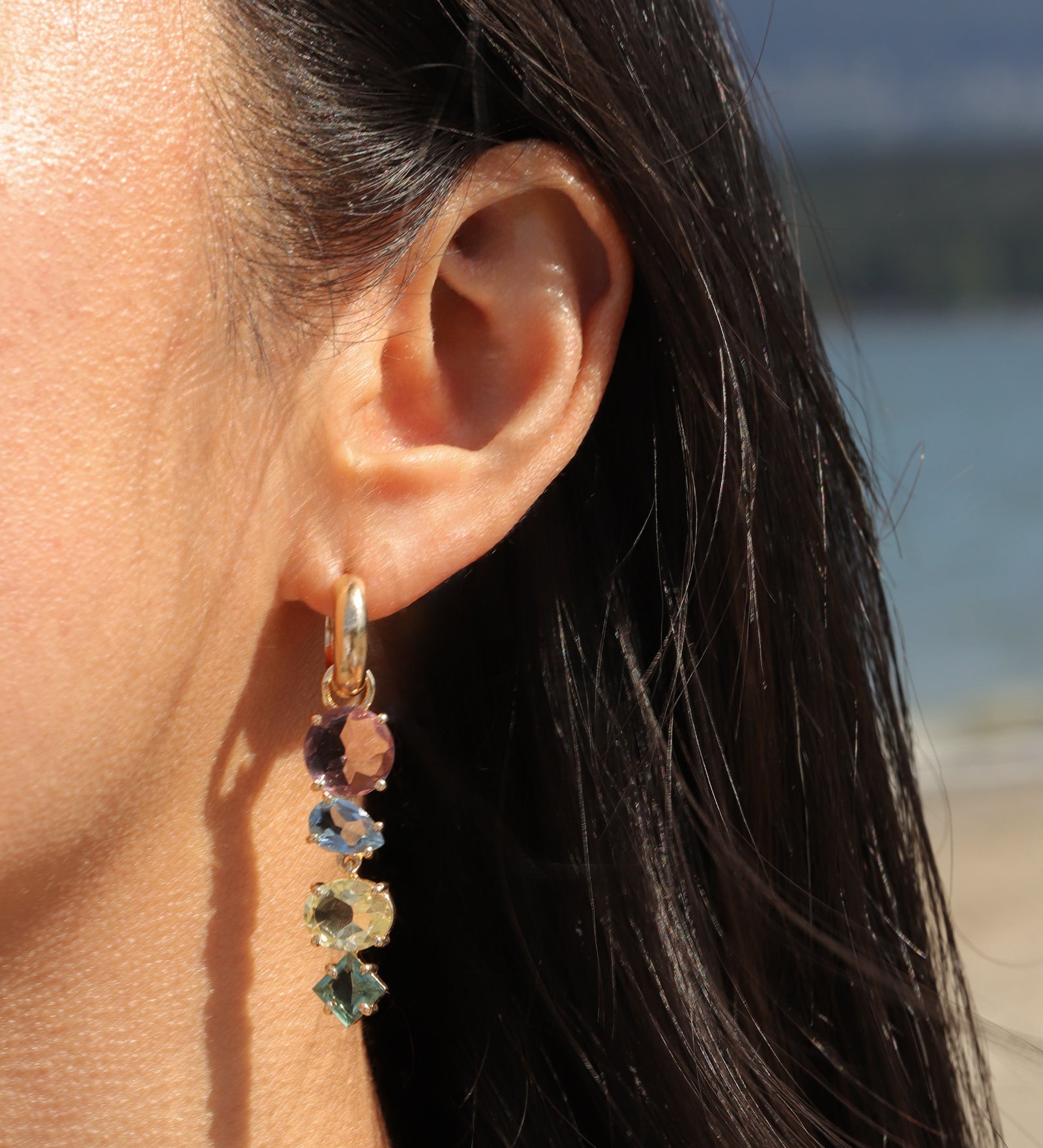 Atelier Mon-4 Mixed Stone Drop Huggies-Earrings-14k Gold Plated, Pink Amethyst Hydro Quartz-Blue Ruby Jewellery-Vancouver Canada