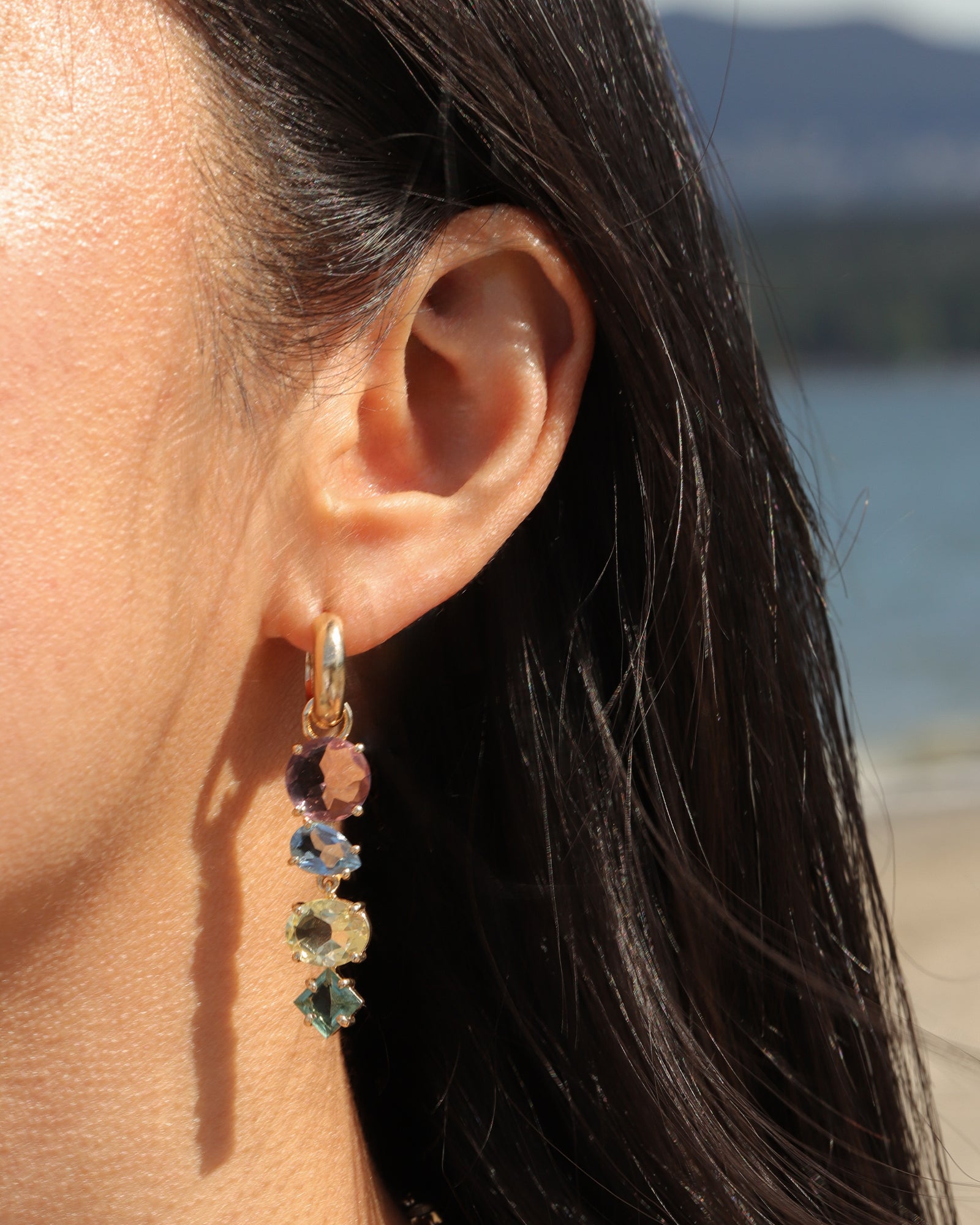 Atelier Mon-4 Mixed Stone Drop Huggies-Earrings-14k Gold Plated, Pink Amethyst Hydro Quartz-Blue Ruby Jewellery-Vancouver Canada