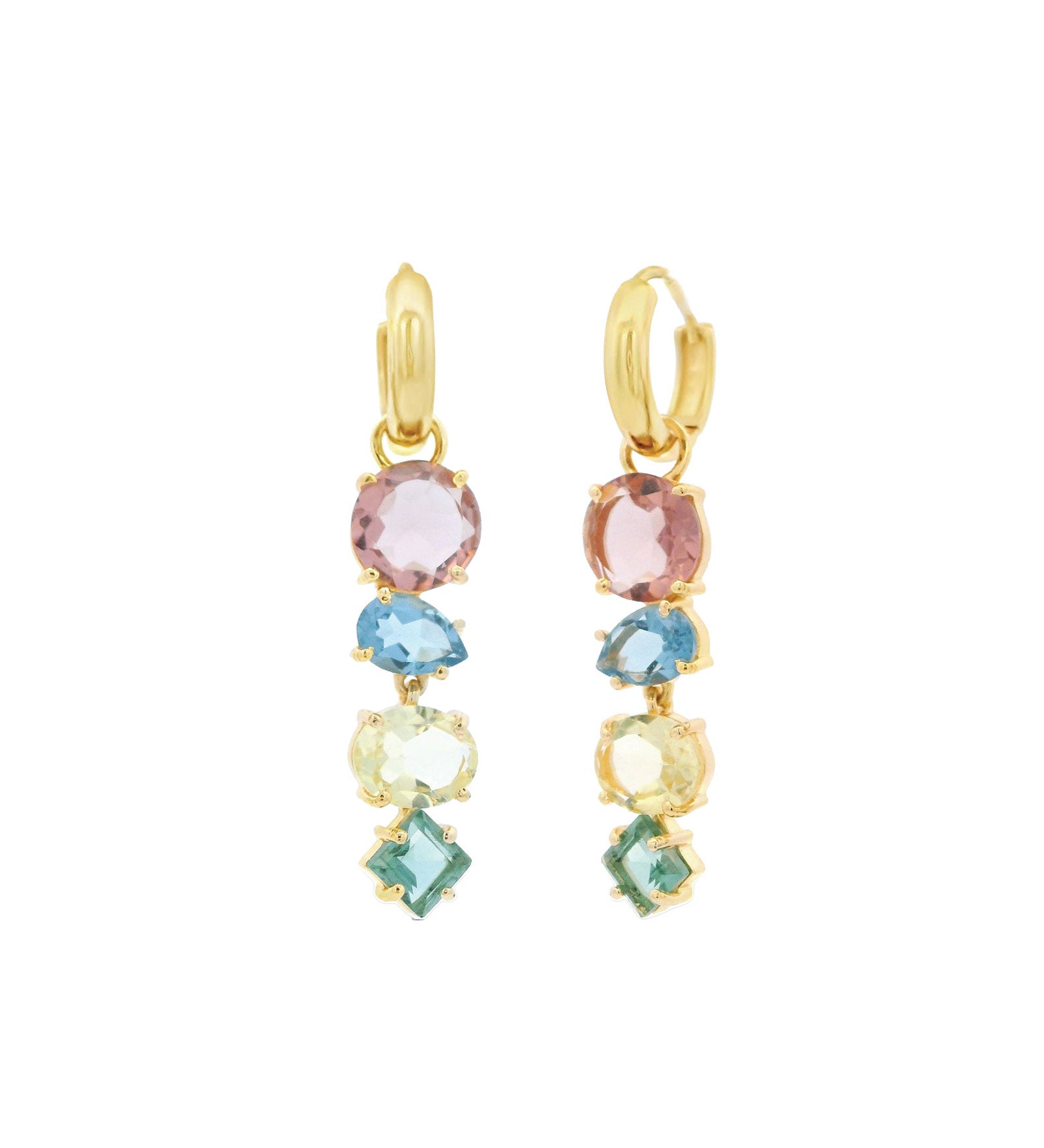 Atelier Mon-4 Mixed Stone Drop Huggies-Earrings-14k Gold Plated, Pink Amethyst Hydro Quartz-Blue Ruby Jewellery-Vancouver Canada