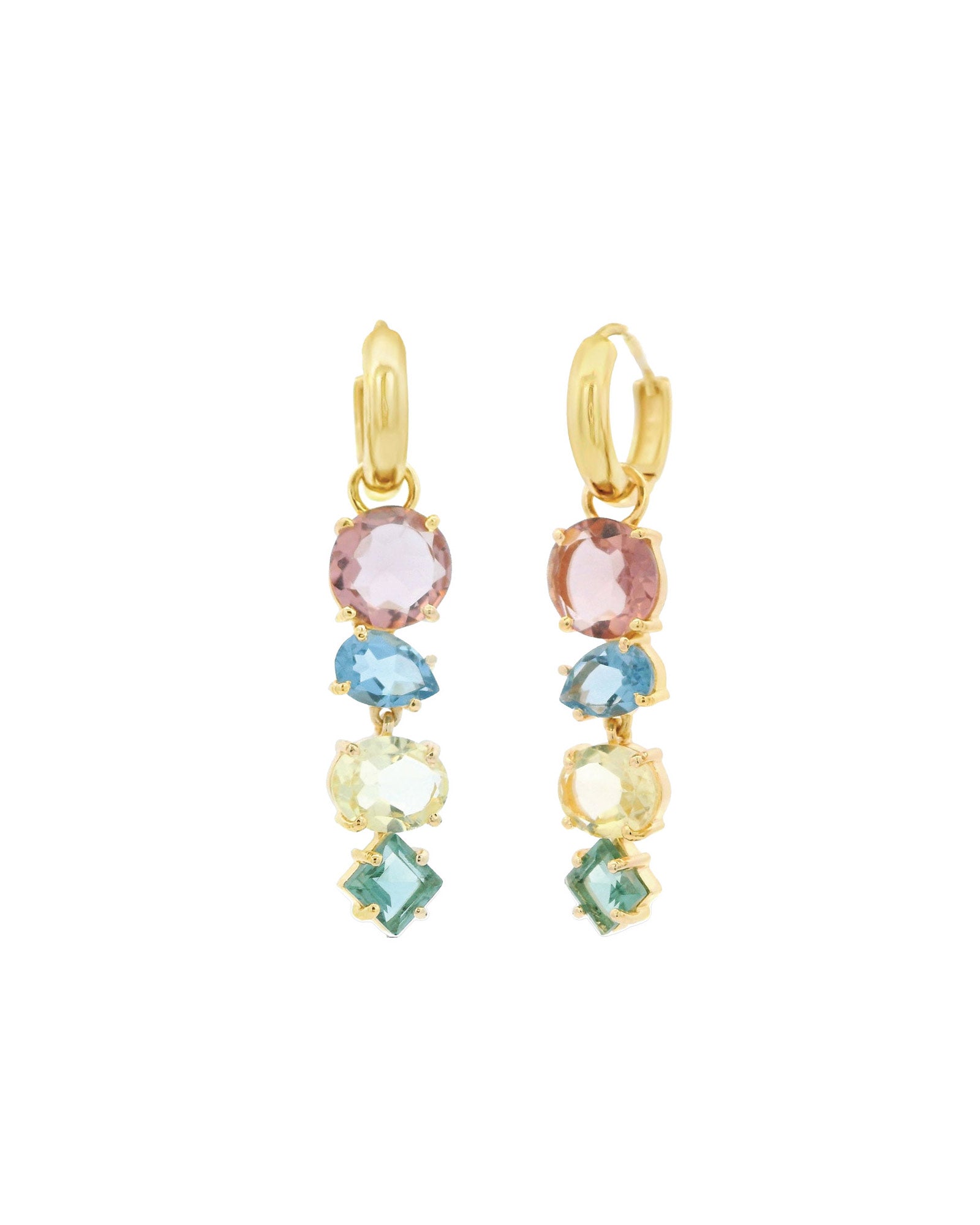 Atelier Mon-4 Mixed Stone Drop Huggies-Earrings-14k Gold Plated, Pink Amethyst Hydro Quartz-Blue Ruby Jewellery-Vancouver Canada