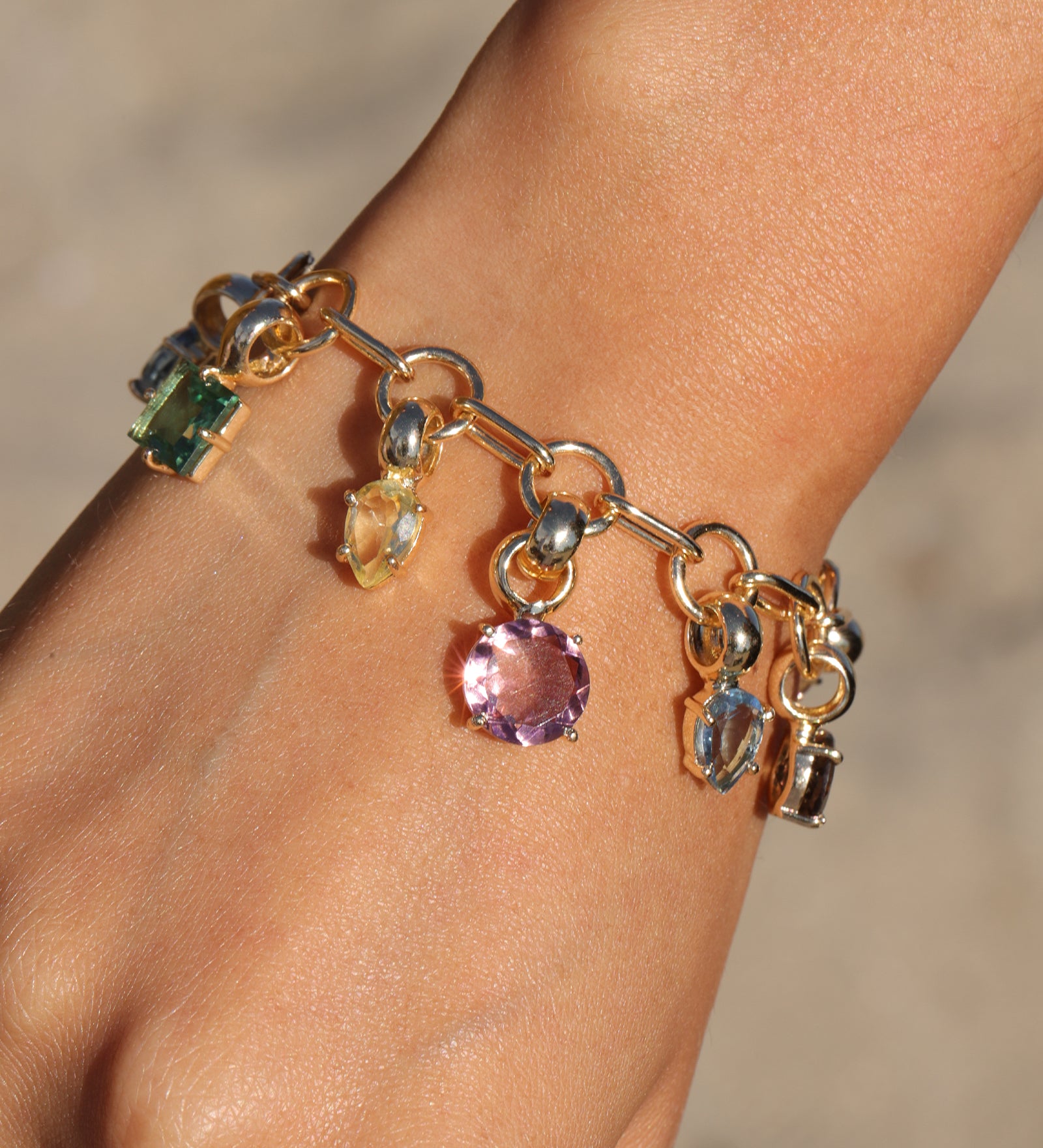 Atelier Mon-Mixed Stone Drop Paperclip Bracelet-Bracelets-14k Gold Plated, Pink Amethyst-Blue Ruby Jewellery-Vancouver Canada