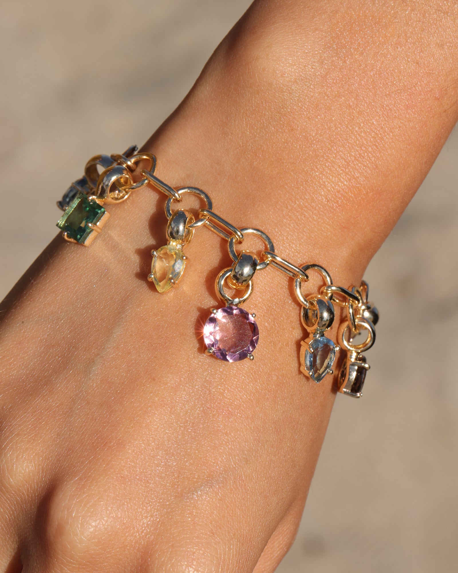 Atelier Mon-Mixed Stone Drop Paperclip Bracelet-Bracelets-14k Gold Plated, Pink Amethyst-Blue Ruby Jewellery-Vancouver Canada