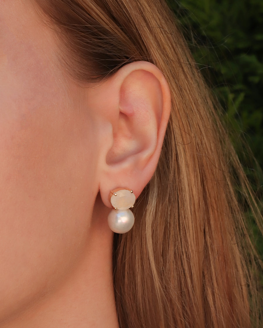 Atelier Mon-Oval Moonstone & Pearl Studs-Earrings-14k Gold Plated, White Pearl-Blue Ruby Jewellery-Vancouver Canada