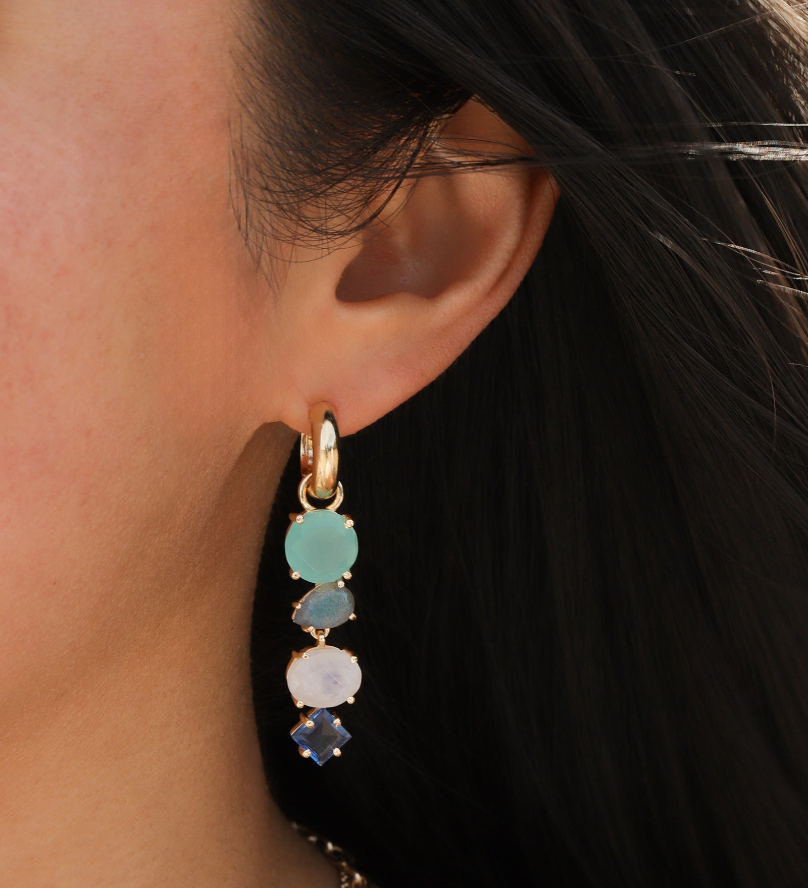 Atelier Mon-4 Mixed Stone Drop Huggies-Earrings-14k Gold Plated, Aqua Chalcedony-Blue Ruby Jewellery-Vancouver Canada