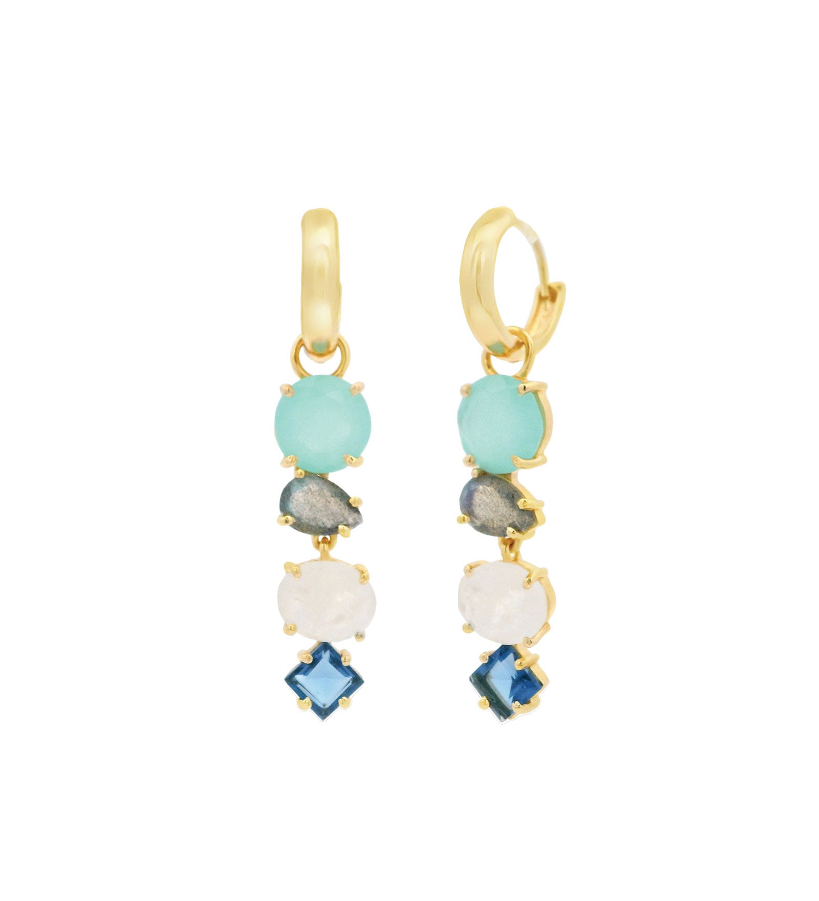 Atelier Mon-4 Mixed Stone Drop Huggies-Earrings-14k Gold Plated, Aqua Chalcedony-Blue Ruby Jewellery-Vancouver Canada