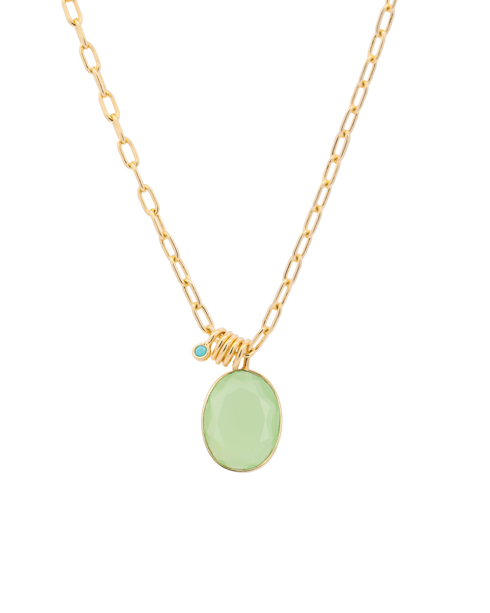 Atelier Mon-Oval Stone Paperclip Necklace-Necklaces-14k Gold Plated, Aqua Chalcedony-Blue Ruby Jewellery-Vancouver Canada