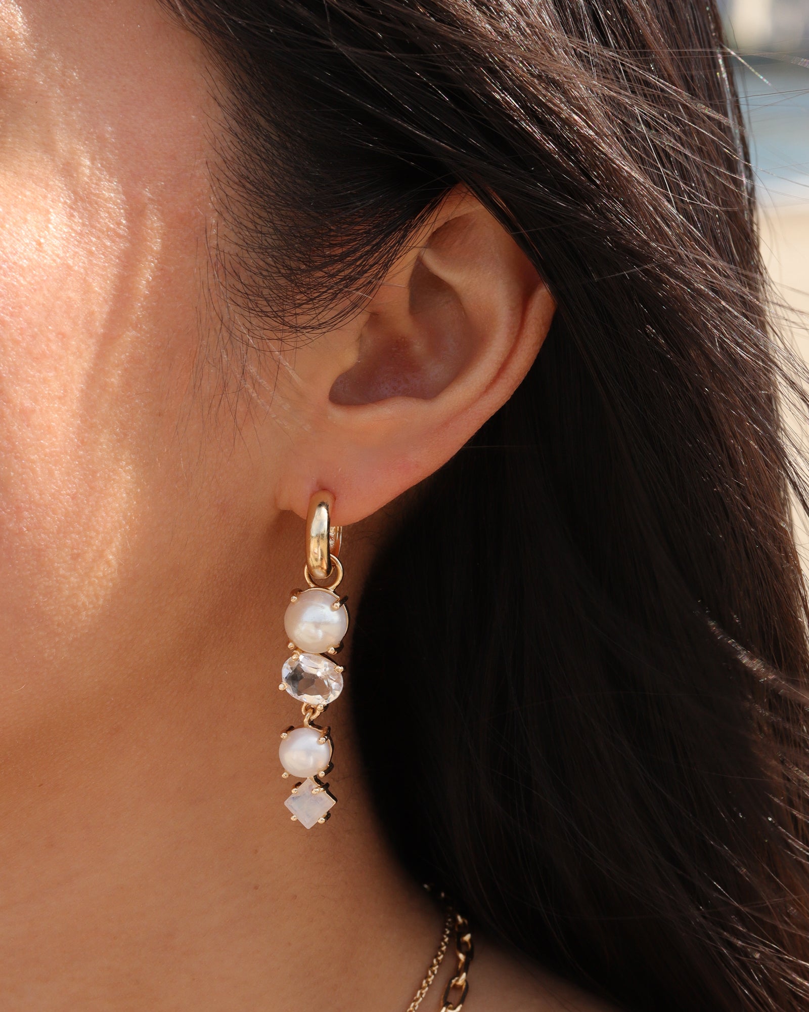 Atelier Mon-4 Mixed Stone & Pearl Drop Huggies-Earrings-14k Gold Plated, White Pearl-Blue Ruby Jewellery-Vancouver Canada