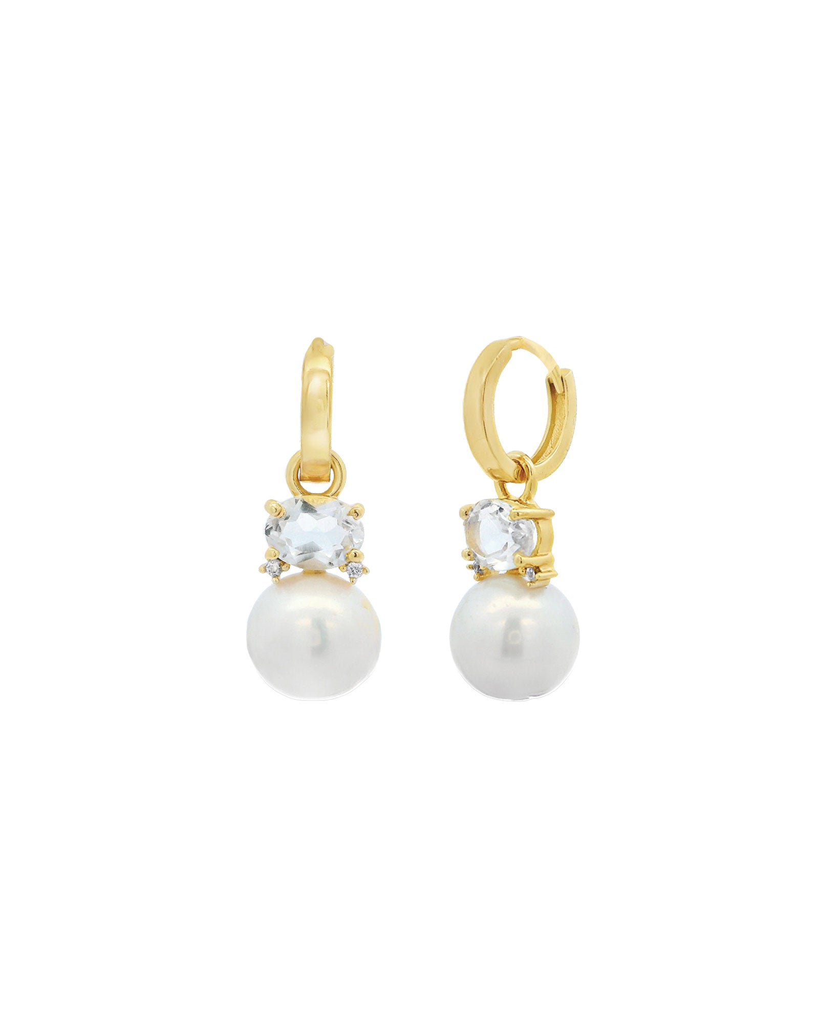 Atelier Mon-Crystal Pearl Drop Huggies-Earrings-14k Gold Plated, White Pearl-Blue Ruby Jewellery-Vancouver Canada