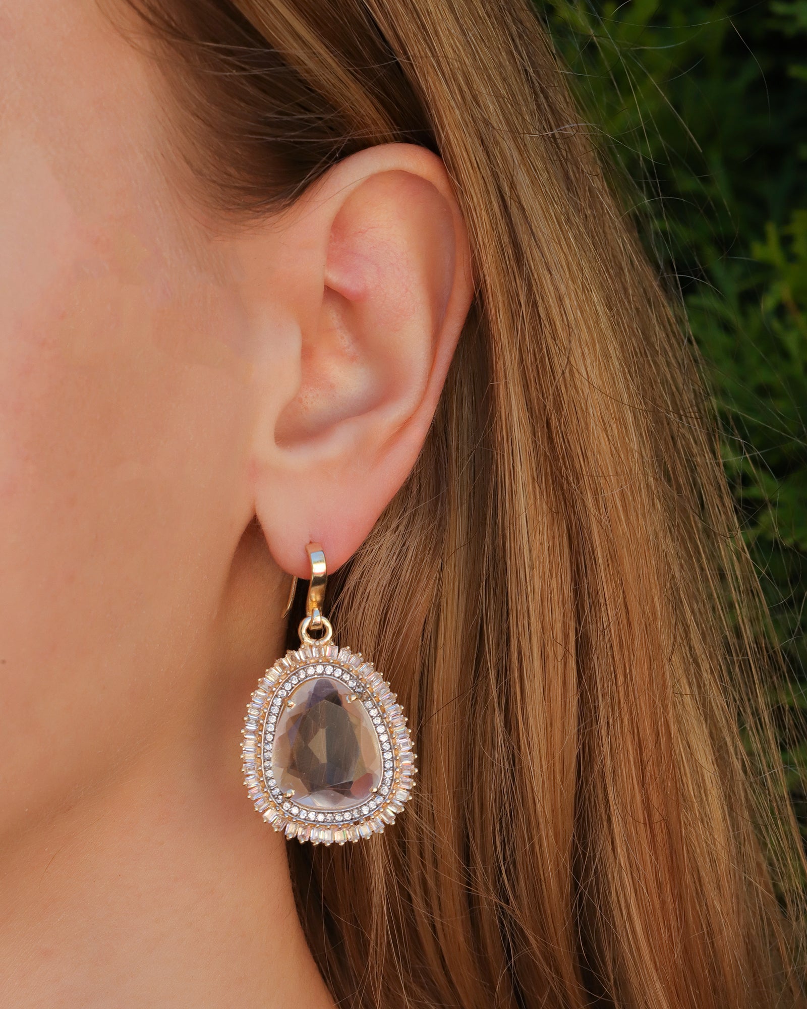 Atelier Mon-CZ Halo Teardrop Hooks-Earrings-14k Gold Plated, Natural Rock Crystal-Blue Ruby Jewellery-Vancouver Canada