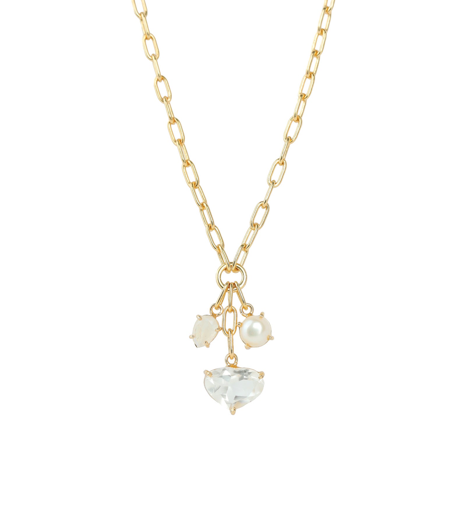 Atelier Mon-Heart Crystal Cluster Paperclip Necklace-Necklaces-14k Gold Plated, White Pearl-Blue Ruby Jewellery-Vancouver Canada