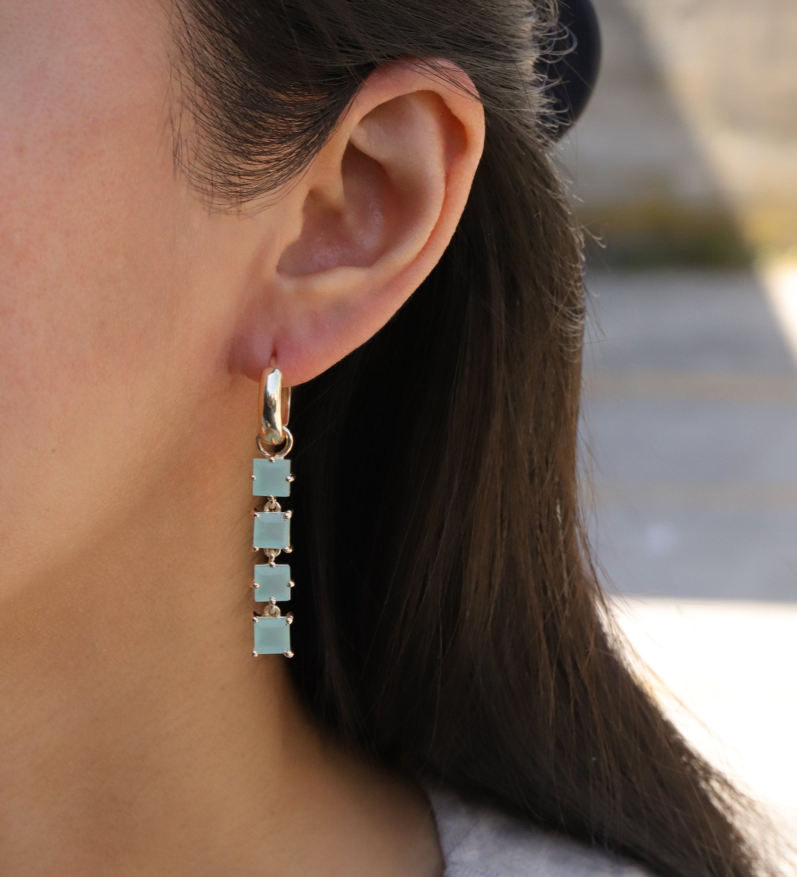 Atelier Mon-Four Square Stone Drop Pavé Huggies-Earrings-14k Gold Plated, Aqua Chalcedony-Blue Ruby Jewellery-Vancouver Canada