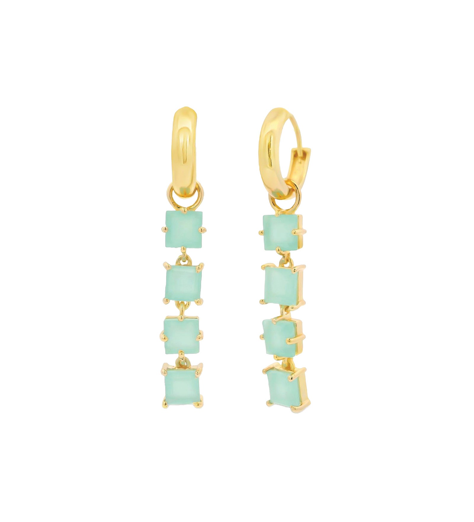 Atelier Mon-Four Square Stone Drop Pavé Huggies-Earrings-14k Gold Plated, Aqua Chalcedony-Blue Ruby Jewellery-Vancouver Canada