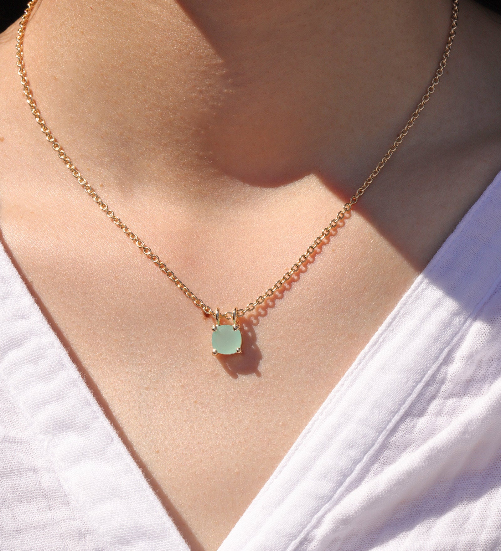 Square Stone Necklace 14k Gold Plated, Aqua Chalcedony