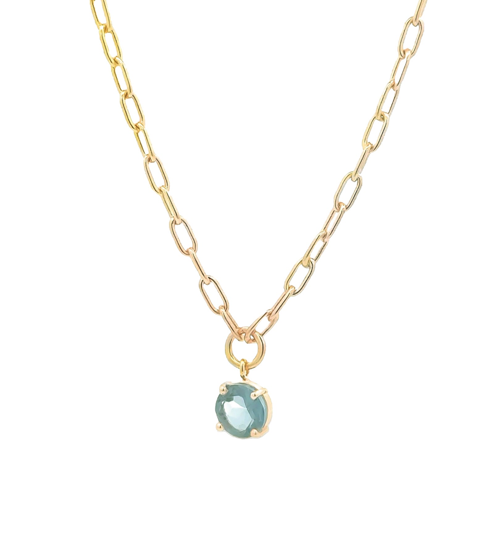 Round Stone Paperclip Necklace 14k Gold Plated, Hydro London Blue Topaz