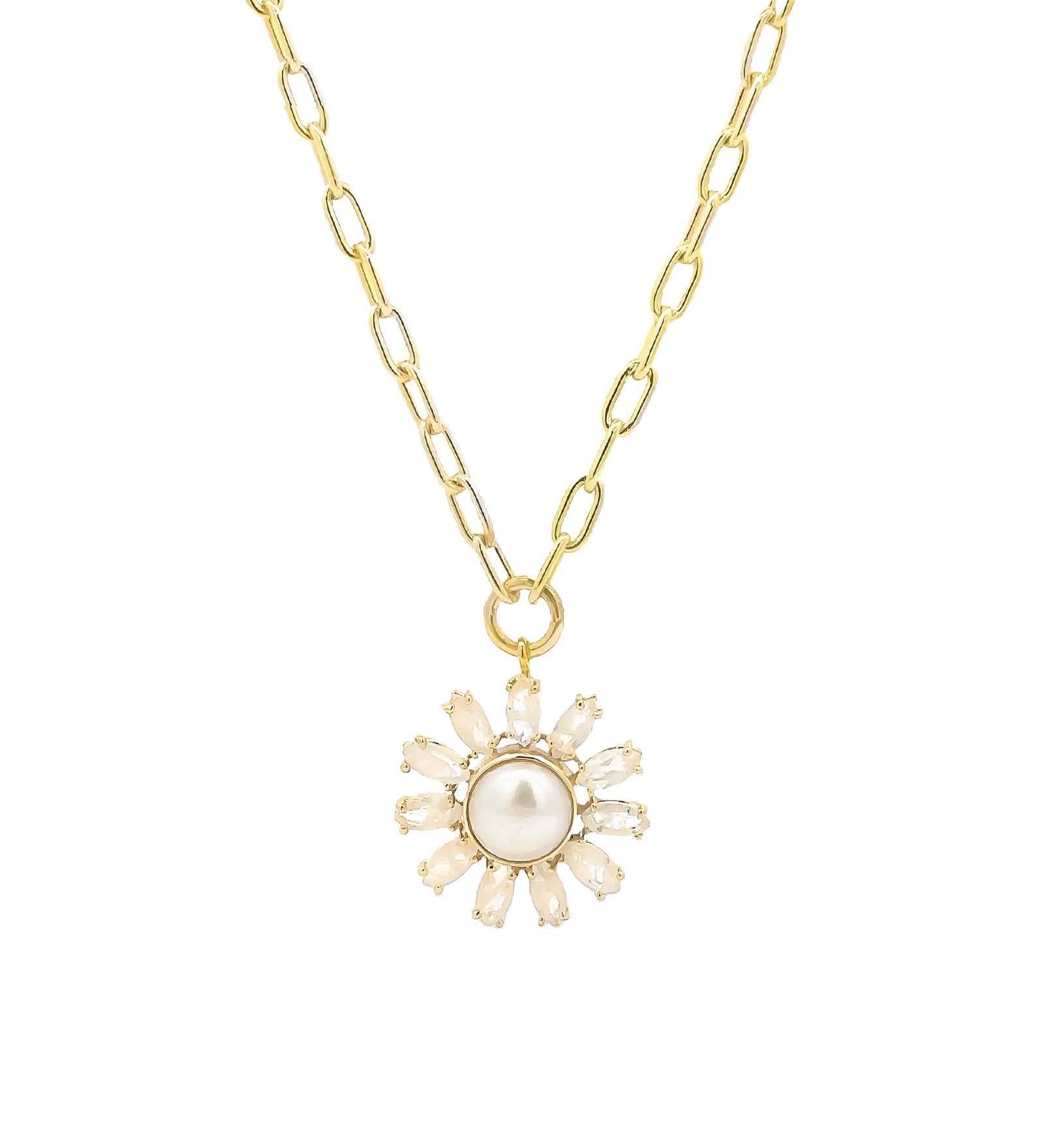 Pearl + Stone Flower Paperclip Necklace 14k Gold Plated, White Pearl