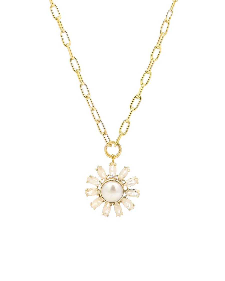 Pearl + Stone Flower Paperclip Necklace 14k Gold Plated, White Pearl