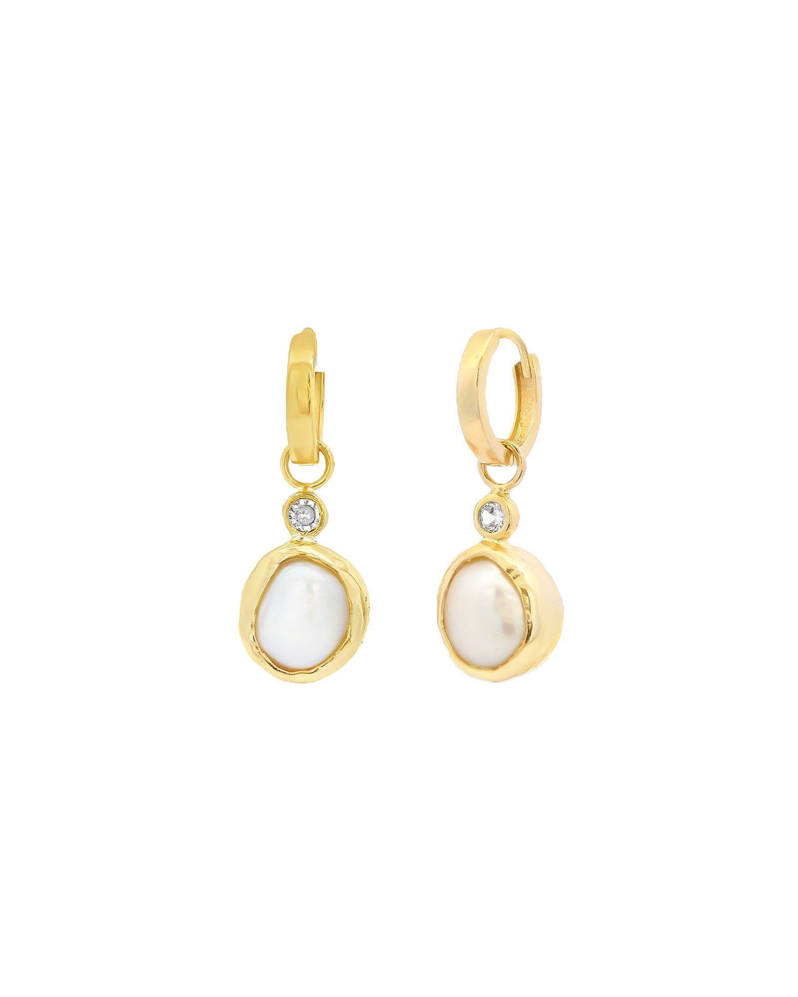 Pearl Bezel CZ Huggies 14k Gold Plated, White Pearl